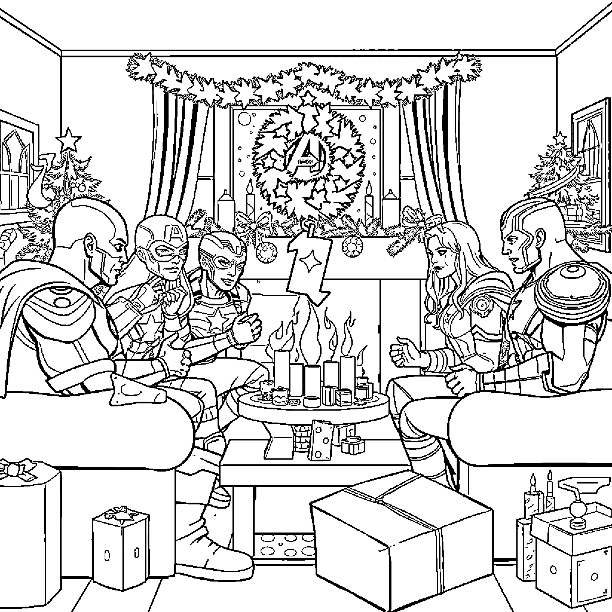 Avengers Assemble for Christmas Celebrations Coloring Page (free black-and-white line drawing printable PDF for all, from beginners to advanced learners, including children, teens, adults, and seniors)