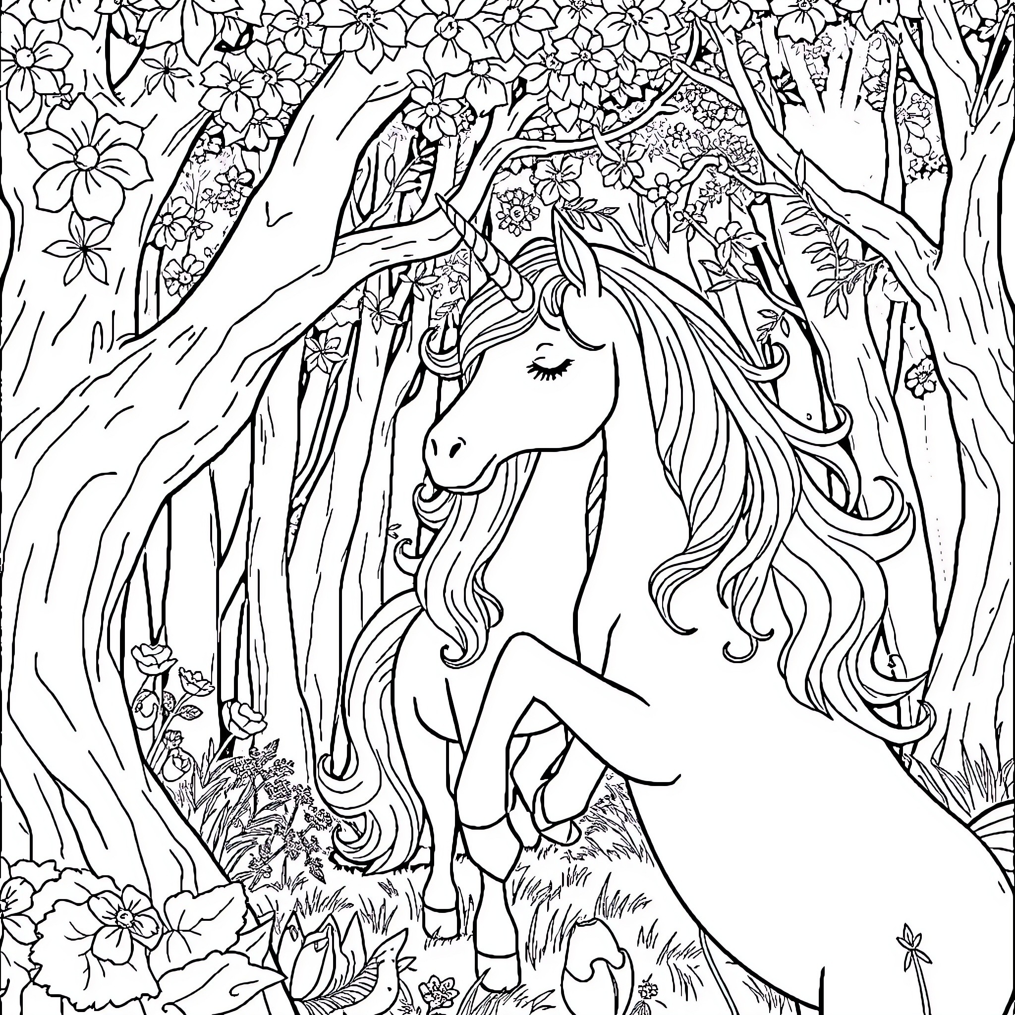 Unicorn resting peacefully in the enchanted forest Coloring Page (free black-and-white line drawing printable PDF for all, from beginners to advanced learners, including children, teens, adults, and seniors)