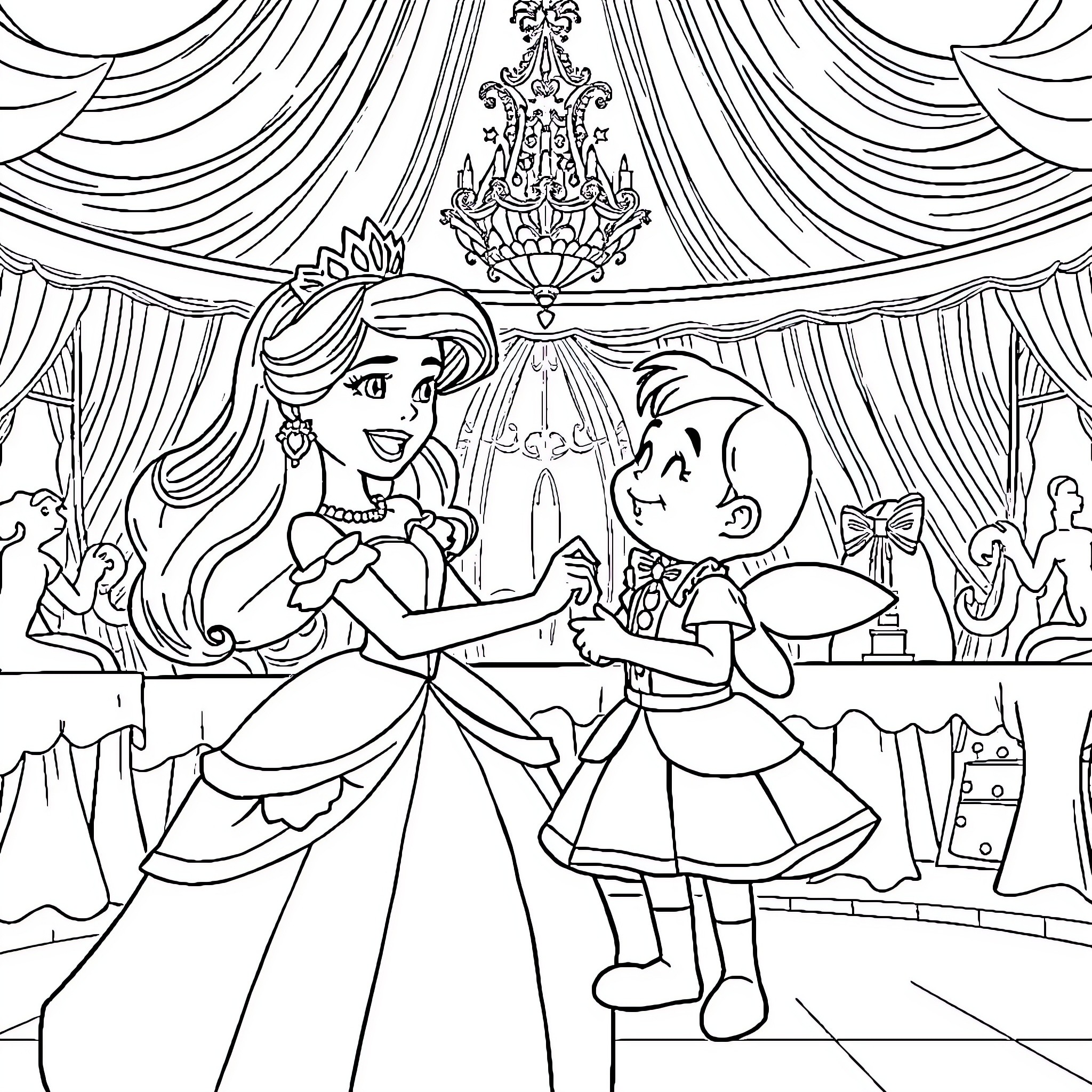 Princess dancing gracefully with prince at the royal ball Coloring Page (free black-and-white line drawing printable PDF for all, from beginners to advanced learners, including children, teens, adults, and seniors)