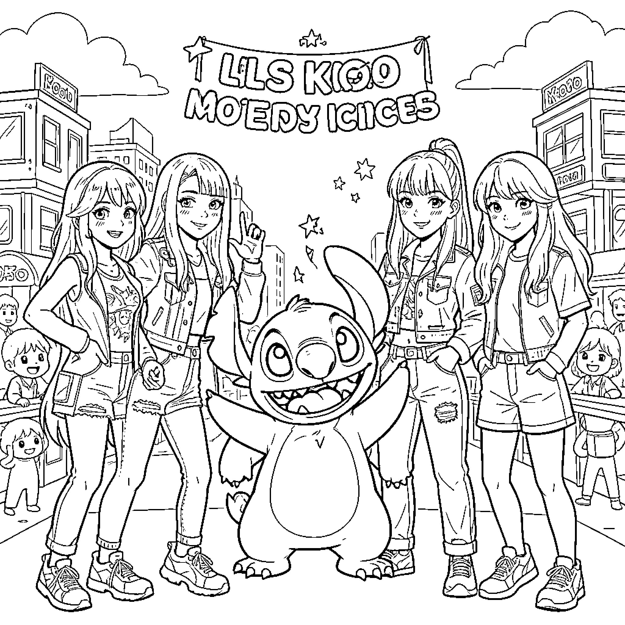 K Pop idols posing happily with a cute character Coloring Page (free black-and-white line drawing printable PDF for all, from beginners to advanced learners, including children, teens, adults, and seniors)