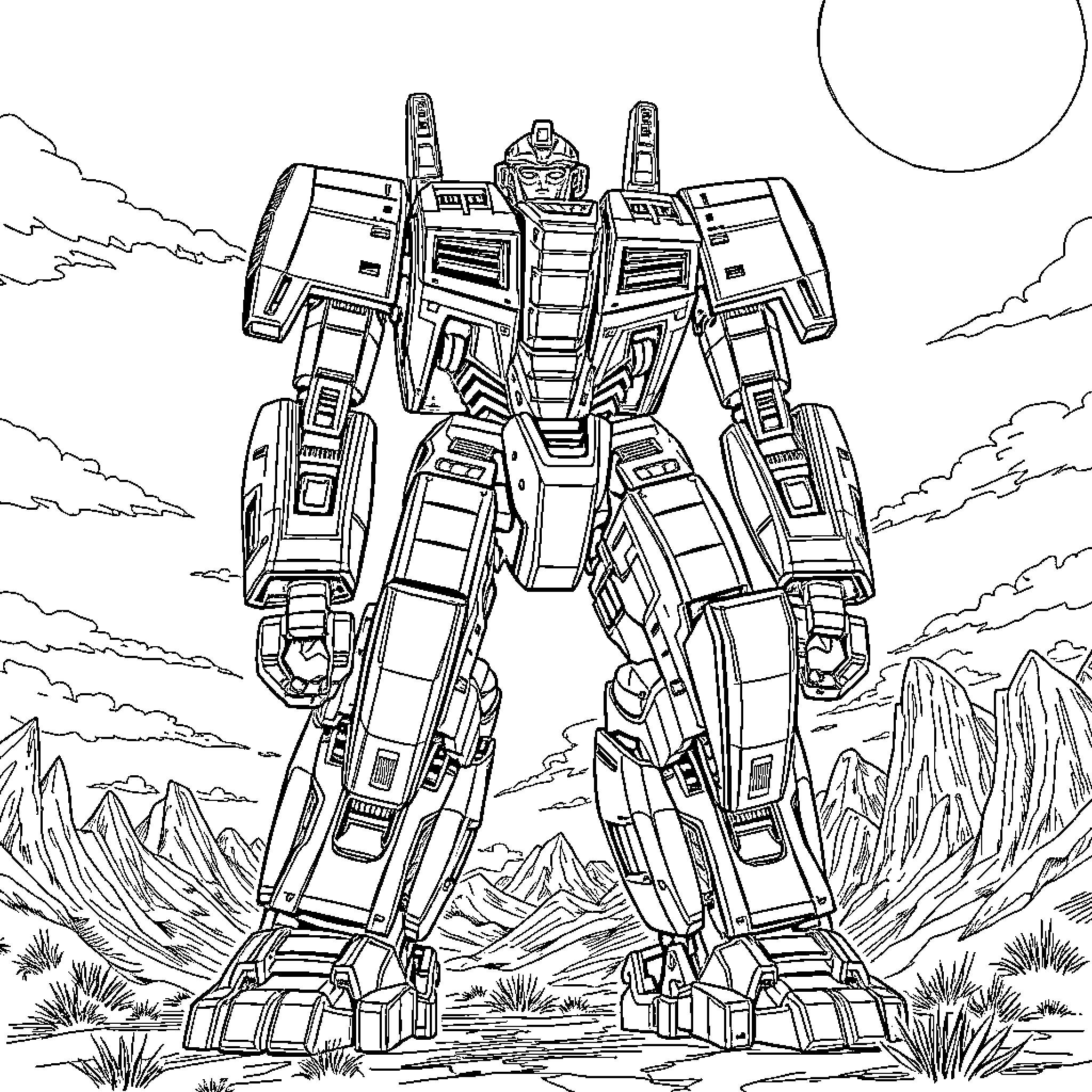 Coyote Mech Standing Tall in the Wilderness Coloring Page (free black-and-white line drawing printable PDF for all, from beginners to advanced learners, including children, teens, adults, and seniors)