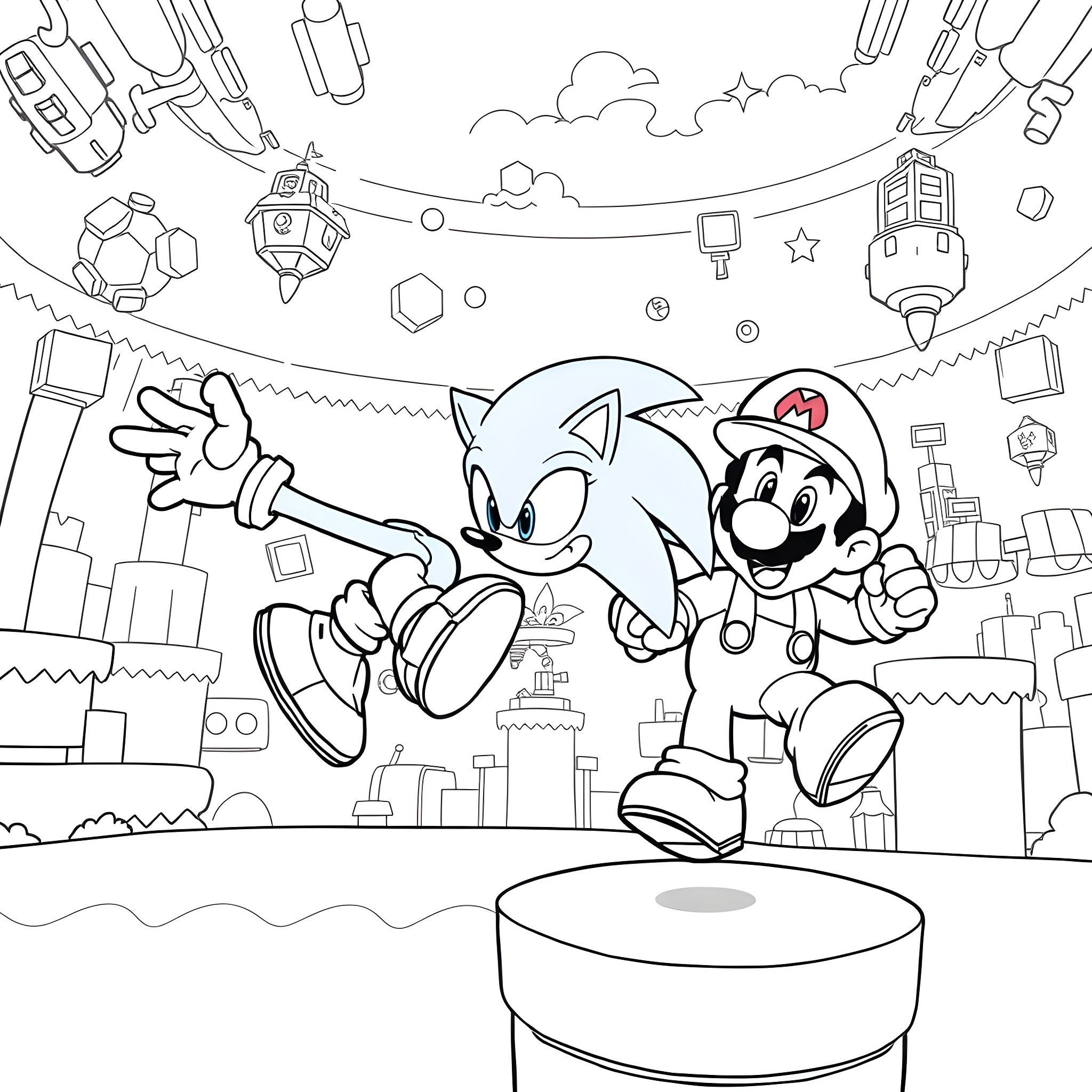 Sonic and Mario Exploring Futuristic Landscape Coloring Page (free black-and-white line drawing printable PDF for all, from beginners to advanced learners, including children, teens, adults, and seniors)