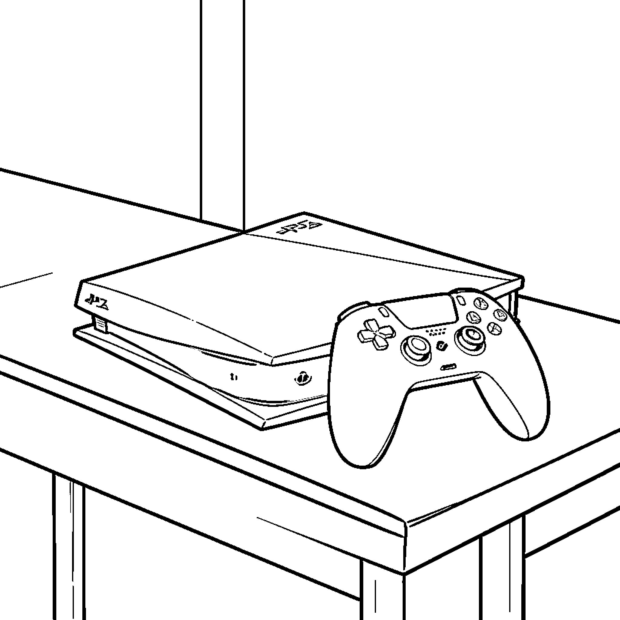 PS5 console and controller resting on a table Coloring Page (free black-and-white line drawing printable PDF for all, from beginners to advanced learners, including children, teens, adults, and seniors)