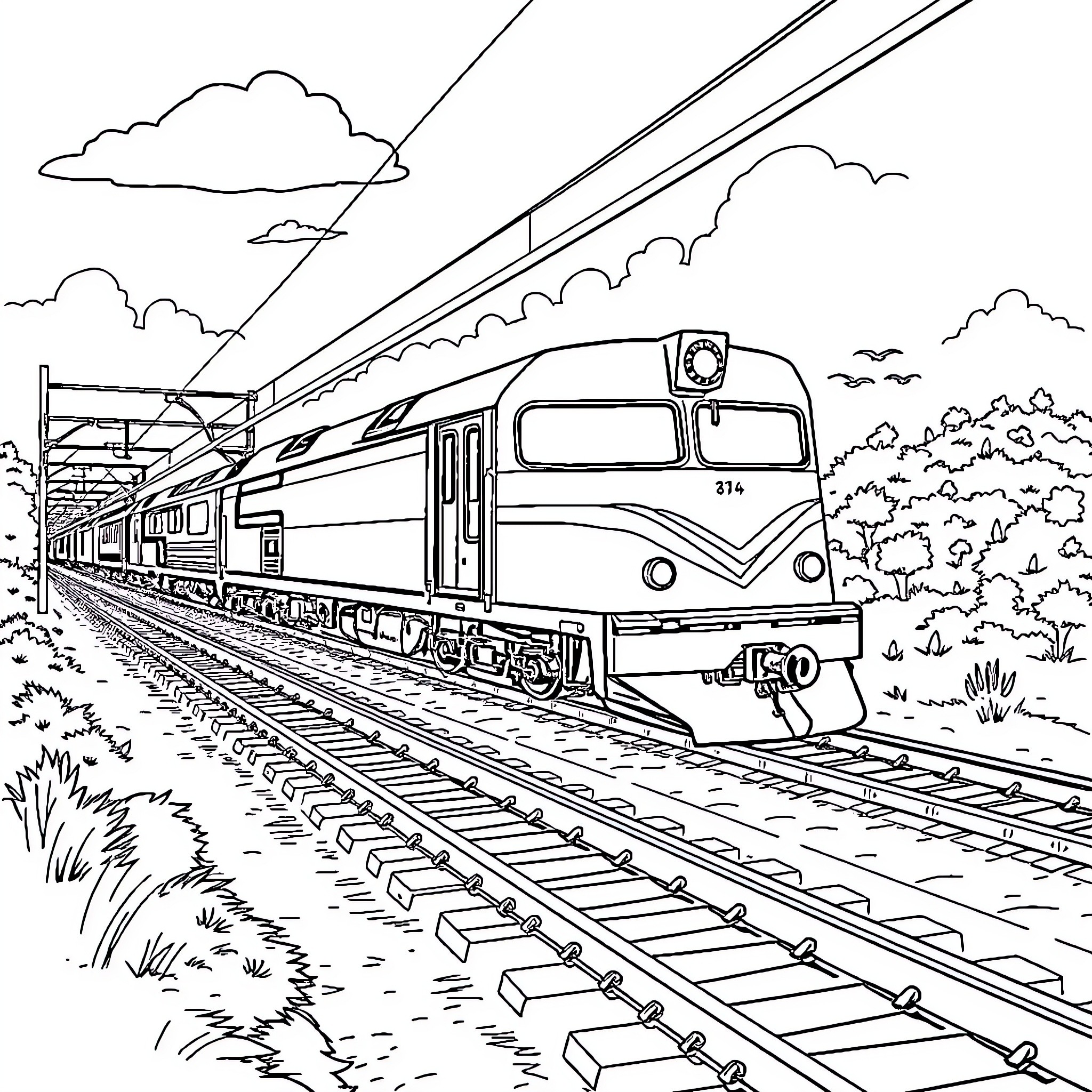 Train traveling through scenic countryside landscape Coloring Page (free black-and-white line drawing printable PDF for all, from beginners to advanced learners, including children, teens, adults, and seniors)