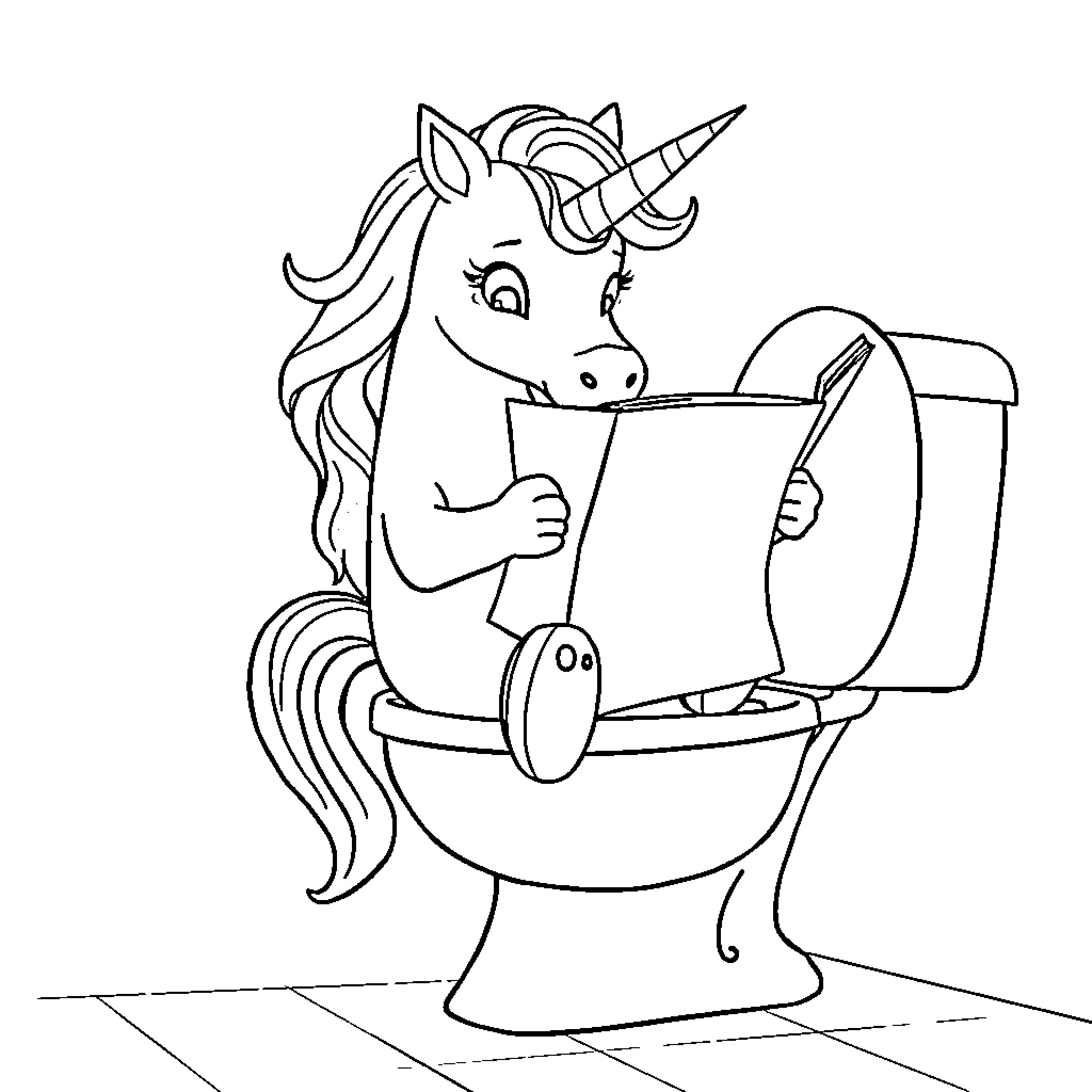 Unicorn Sitting on Toilet Reading Newspaper Coloring Page (free black-and-white line drawing printable PDF for all, from beginners to advanced learners, including children, teens, adults, and seniors)