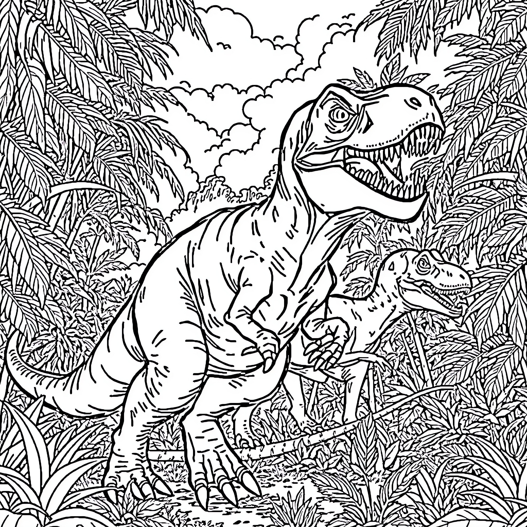 Dinosaur in the Prehistoric Jungle Coloring Page (free black-and-white line drawing printable PDF for all, from beginners to advanced learners, including children, teens, adults, and seniors)