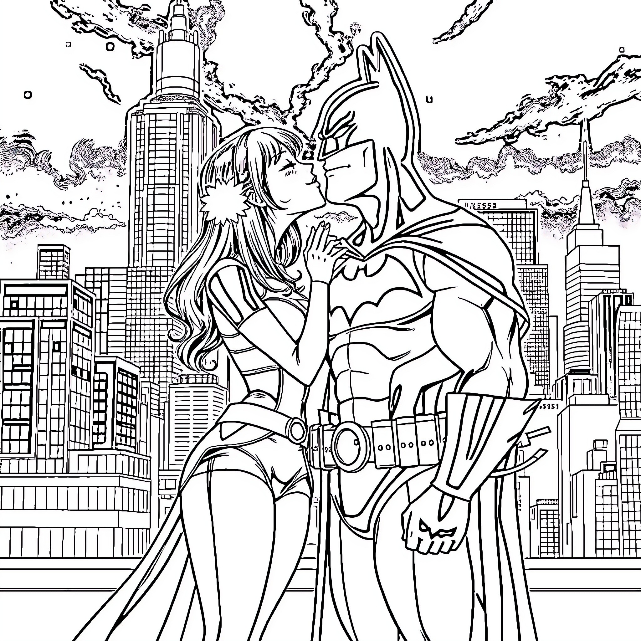 Sangoku: Superhero and Heroine's Passionate Embrace in the City Coloring Page (free black-and-white line drawing printable PDF for all, from beginners to advanced learners, including children, teens, adults, and seniors)