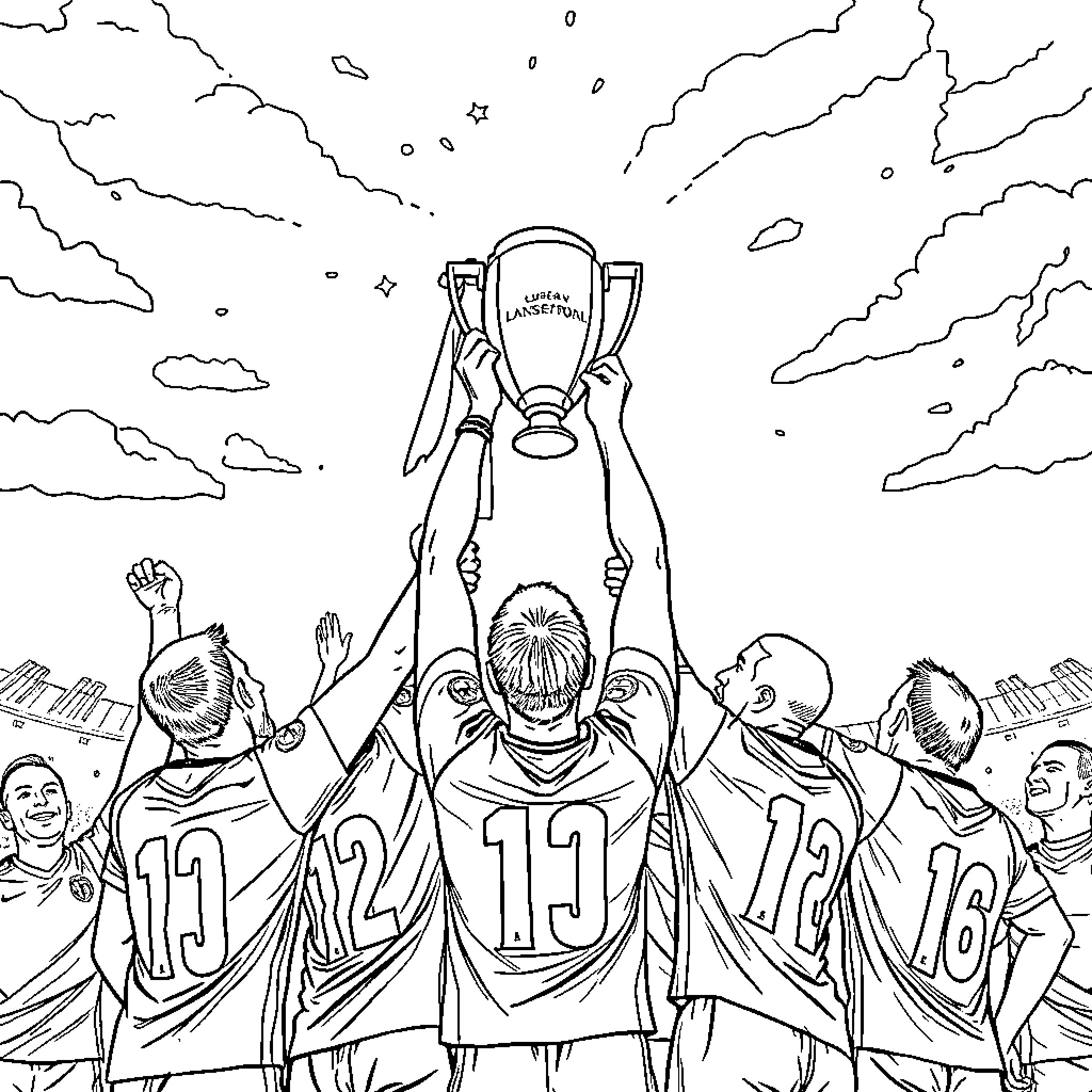 Marseille team celebrating trophy victory Coloring Page (free black-and-white line drawing printable PDF for all, from beginners to advanced learners, including children, teens, adults, and seniors)