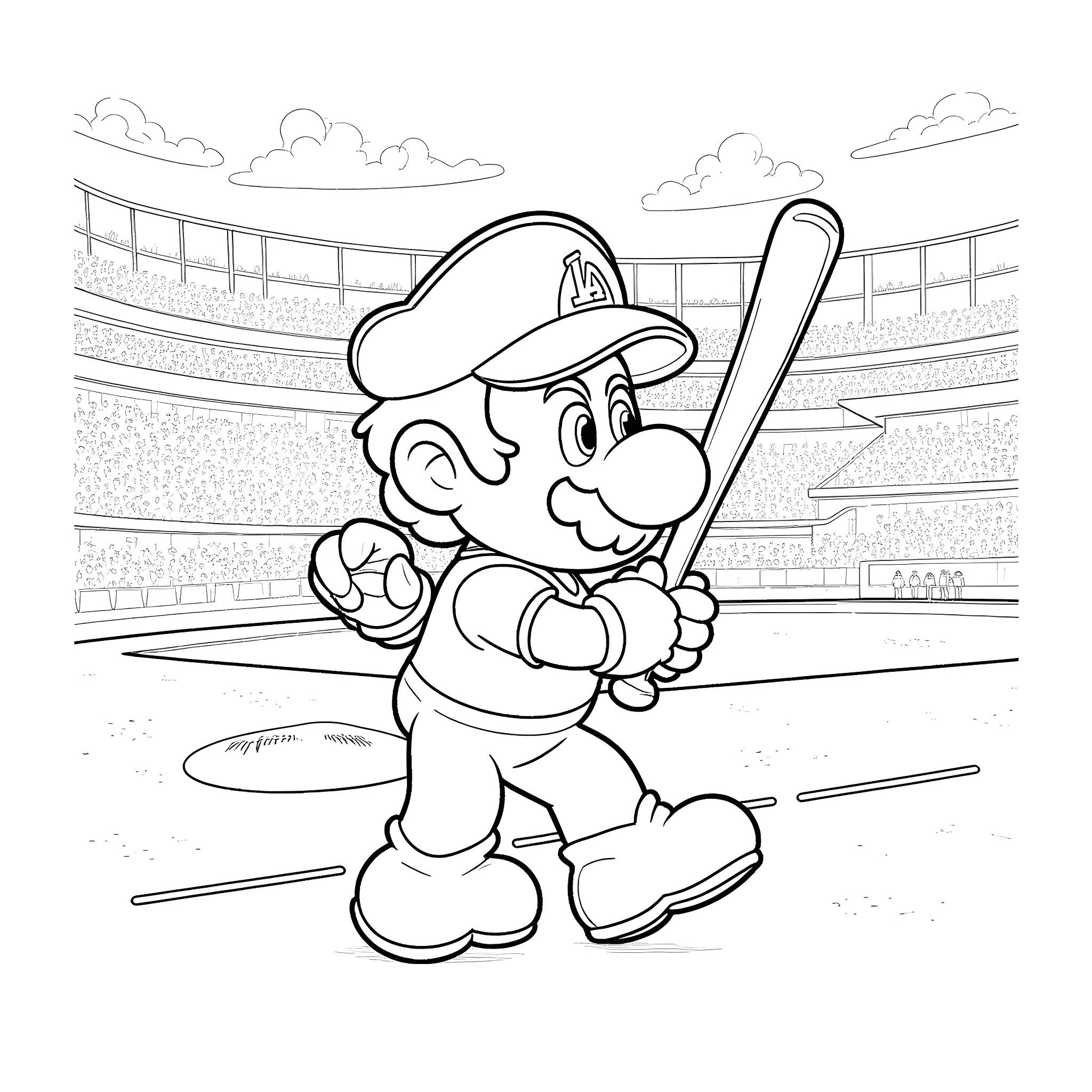 Mario Playing Baseball in the Stadium Coloring Page (free black-and-white line drawing printable PDF for all, from beginners to advanced learners, including children, teens, adults, and seniors)