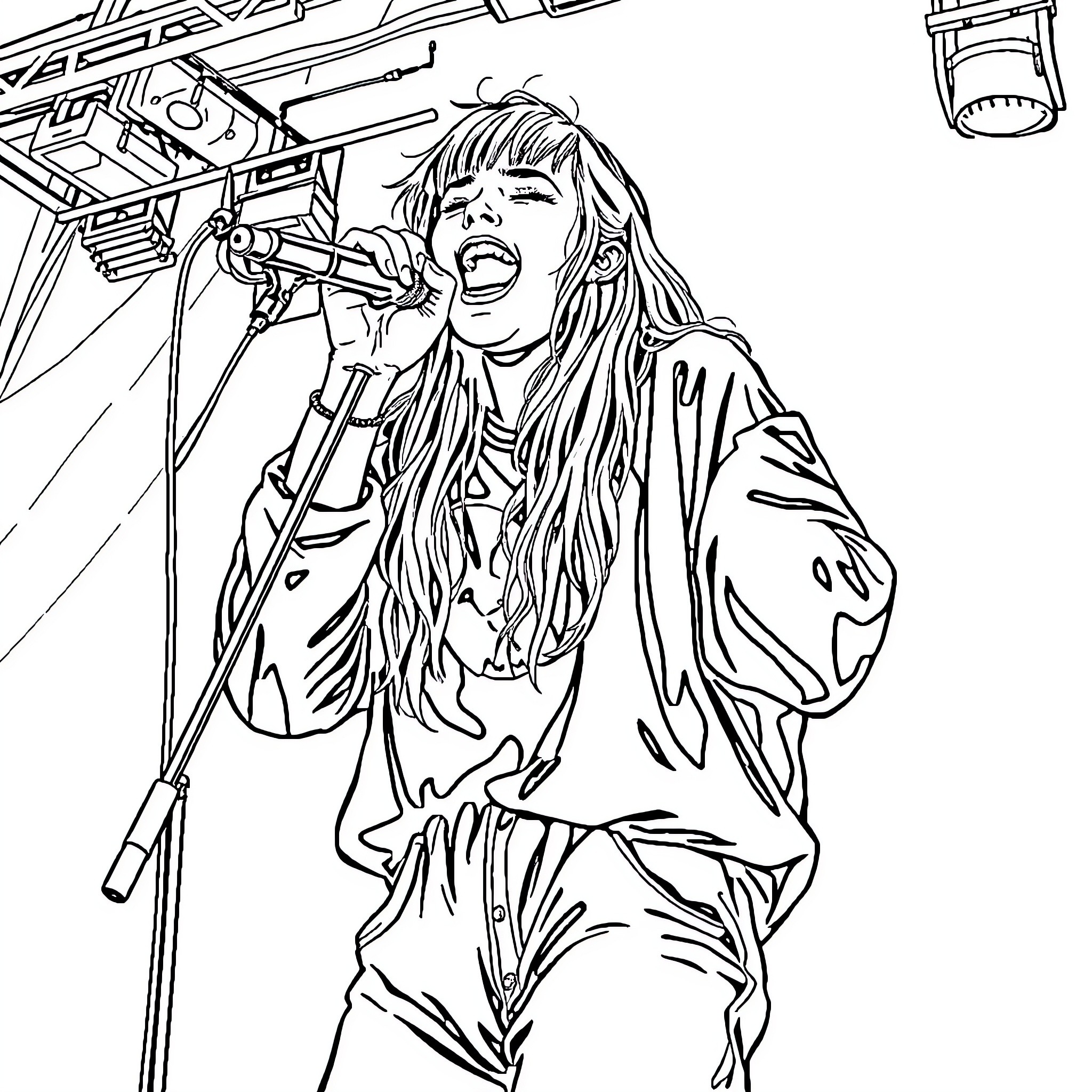 Billie Eilish performing on stage with energy Coloring Page (free black-and-white line drawing printable PDF for all, from beginners to advanced learners, including children, teens, adults, and seniors)