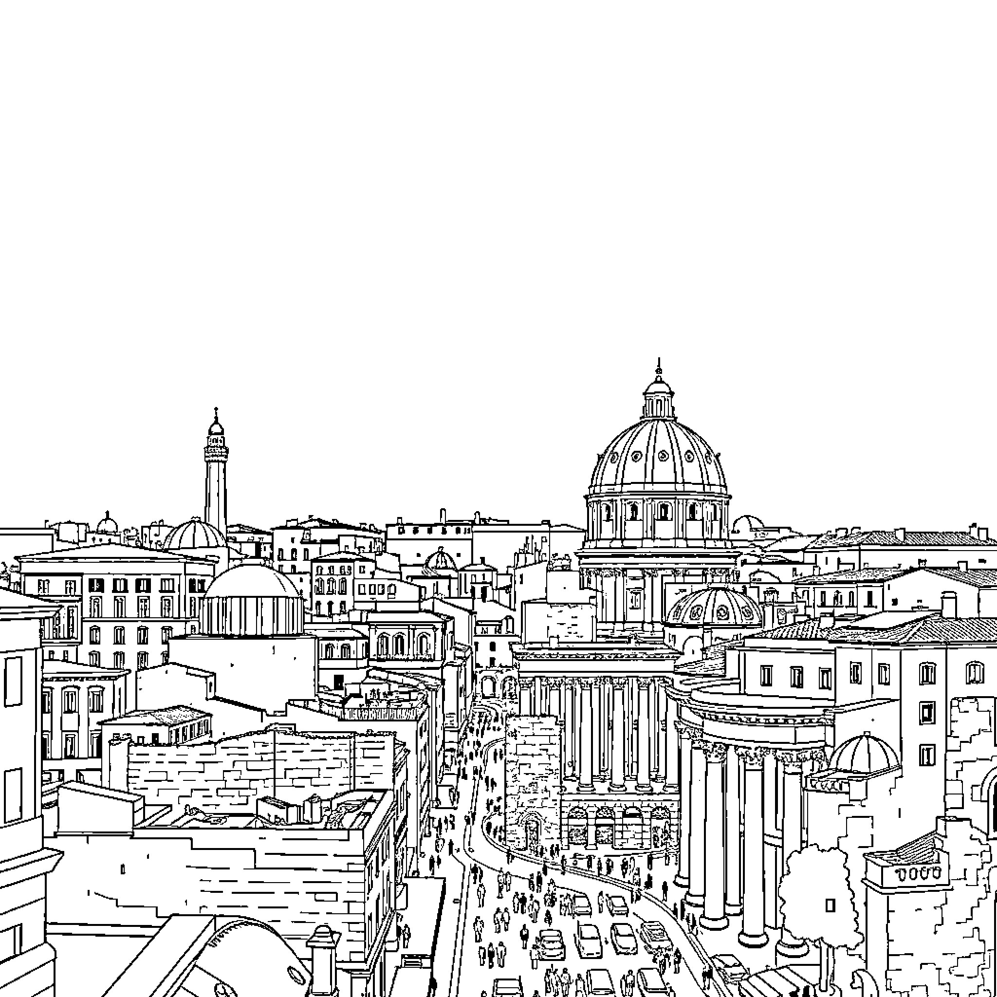 Rome's Vibrant Cityscape with Bustling Streets and Iconic Landmarks Coloring Page (free black-and-white line drawing printable PDF for all, from beginners to advanced learners, including children, teens, adults, and seniors)