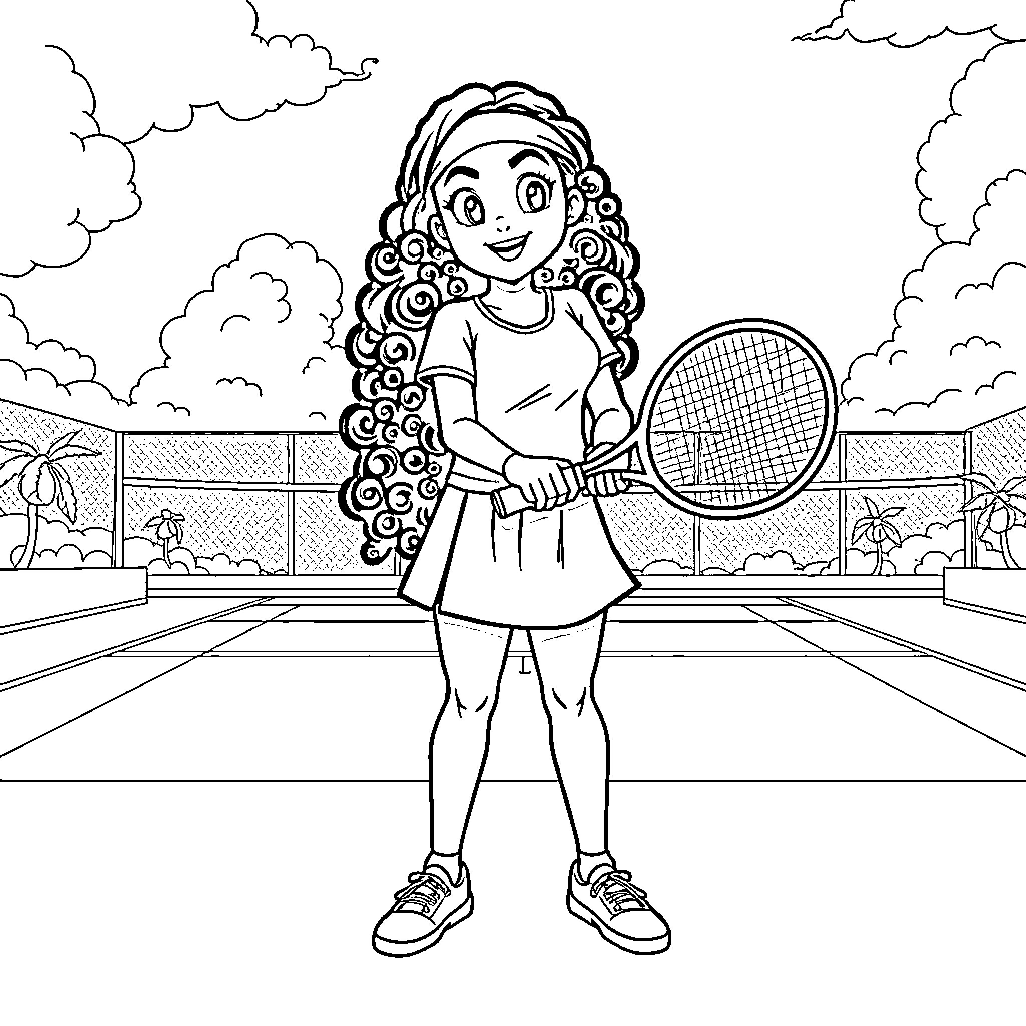 Rumi's Tennis Match on the Court Coloring Page (free black-and-white line drawing printable PDF for all, from beginners to advanced learners, including children, teens, adults, and seniors)