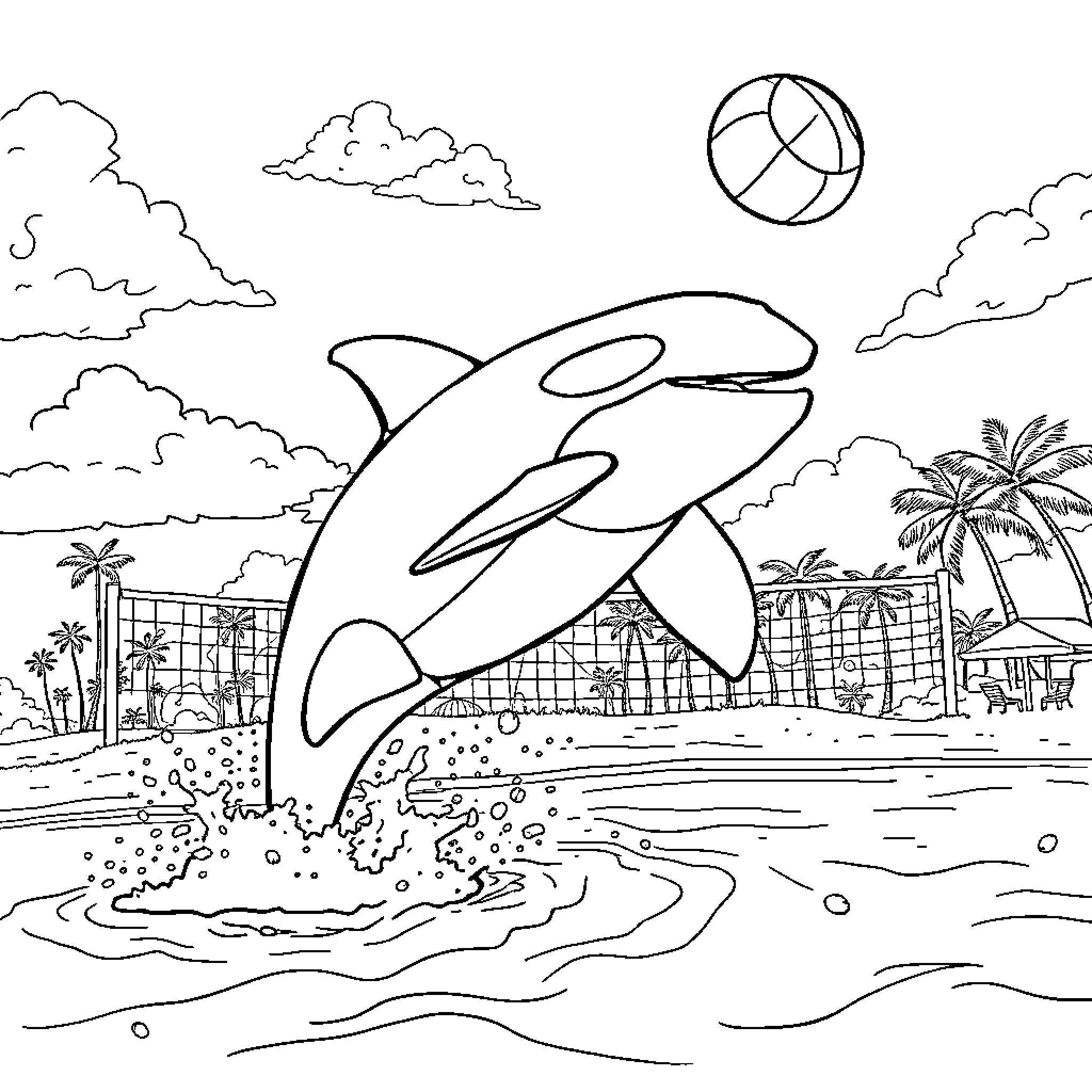 Orca jumping out of the waves at the beach Coloring Page (free black-and-white line drawing printable PDF for all, from beginners to advanced learners, including children, teens, adults, and seniors)