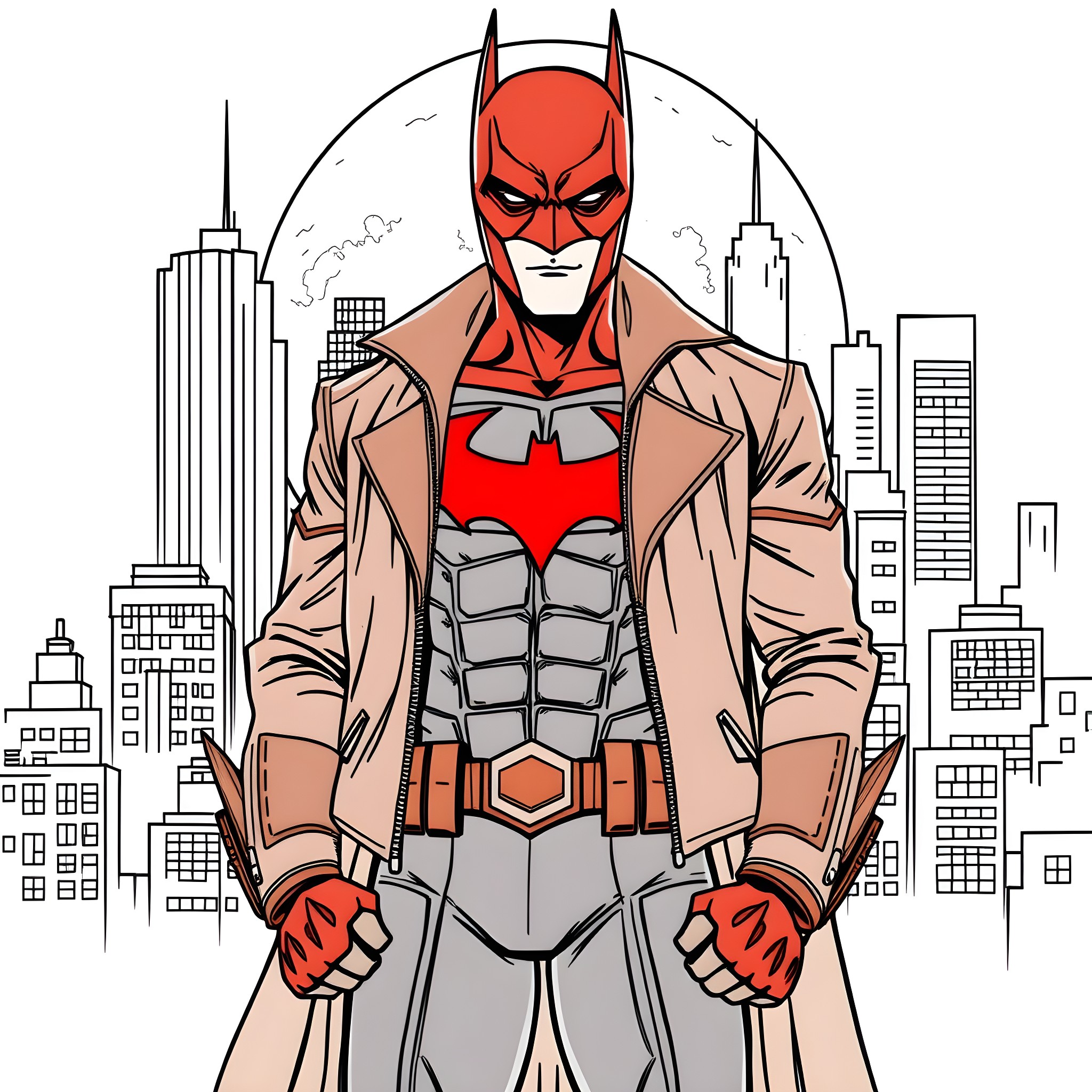 Red Hood Heroically Guarding the City Coloring Page (free black-and-white line drawing printable PDF for all, from beginners to advanced learners, including children, teens, adults, and seniors)