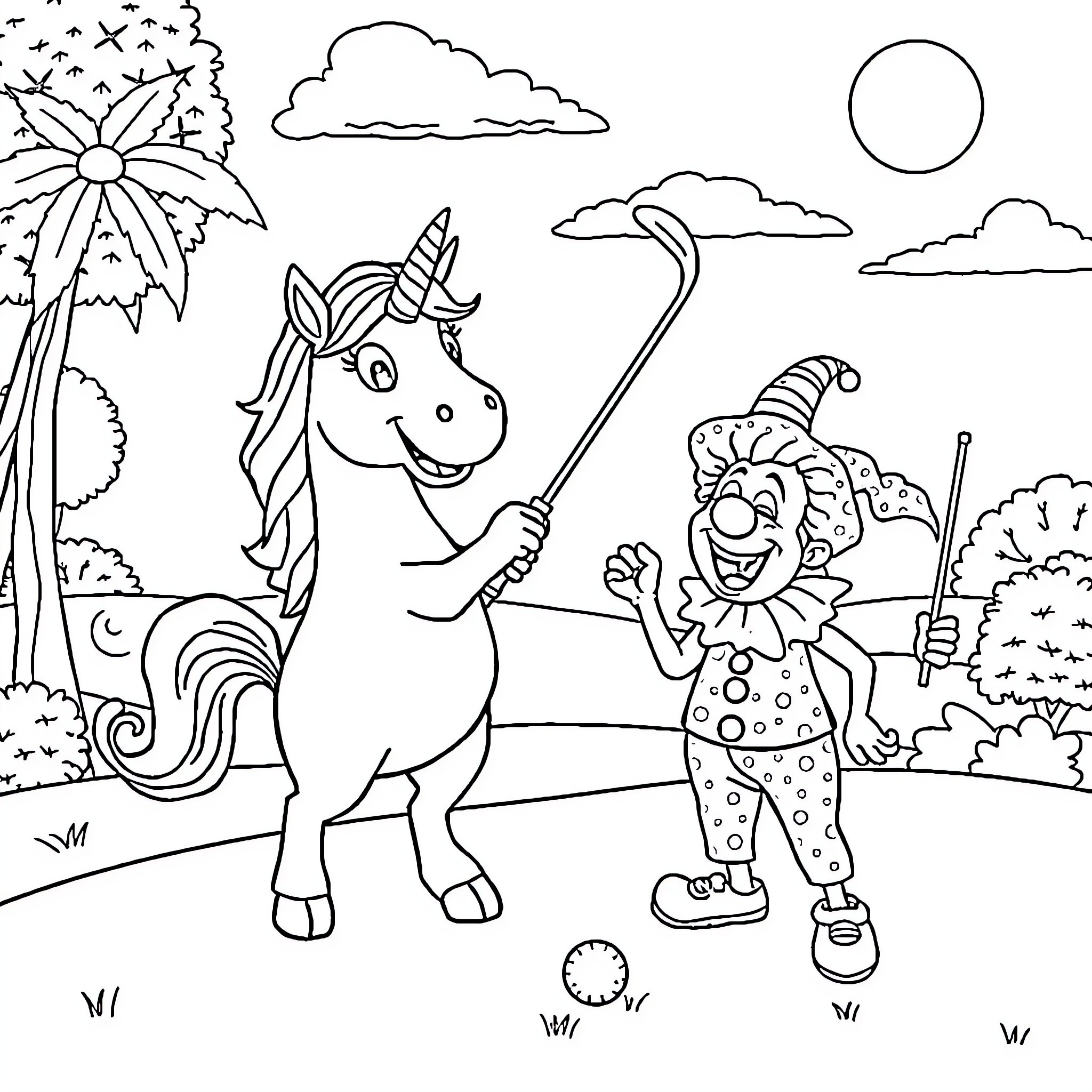 Unicorn and Clown Playing in Nature Coloring Page (free black-and-white line drawing printable PDF for all, from beginners to advanced learners, including children, teens, adults, and seniors)