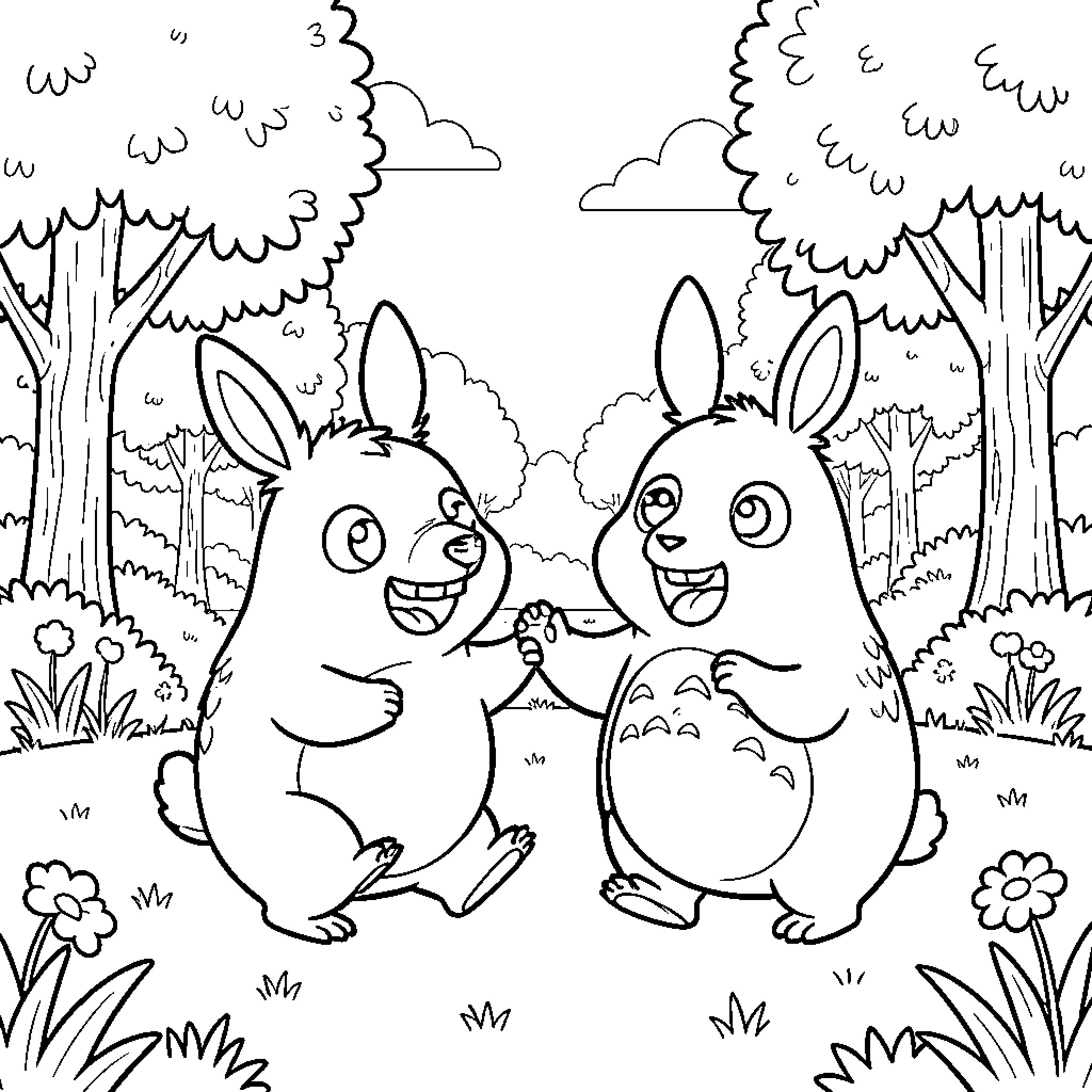 Bluey's Playful Adventure in the Forest Coloring Page (free black-and-white line drawing printable PDF for all, from beginners to advanced learners, including children, teens, adults, and seniors)