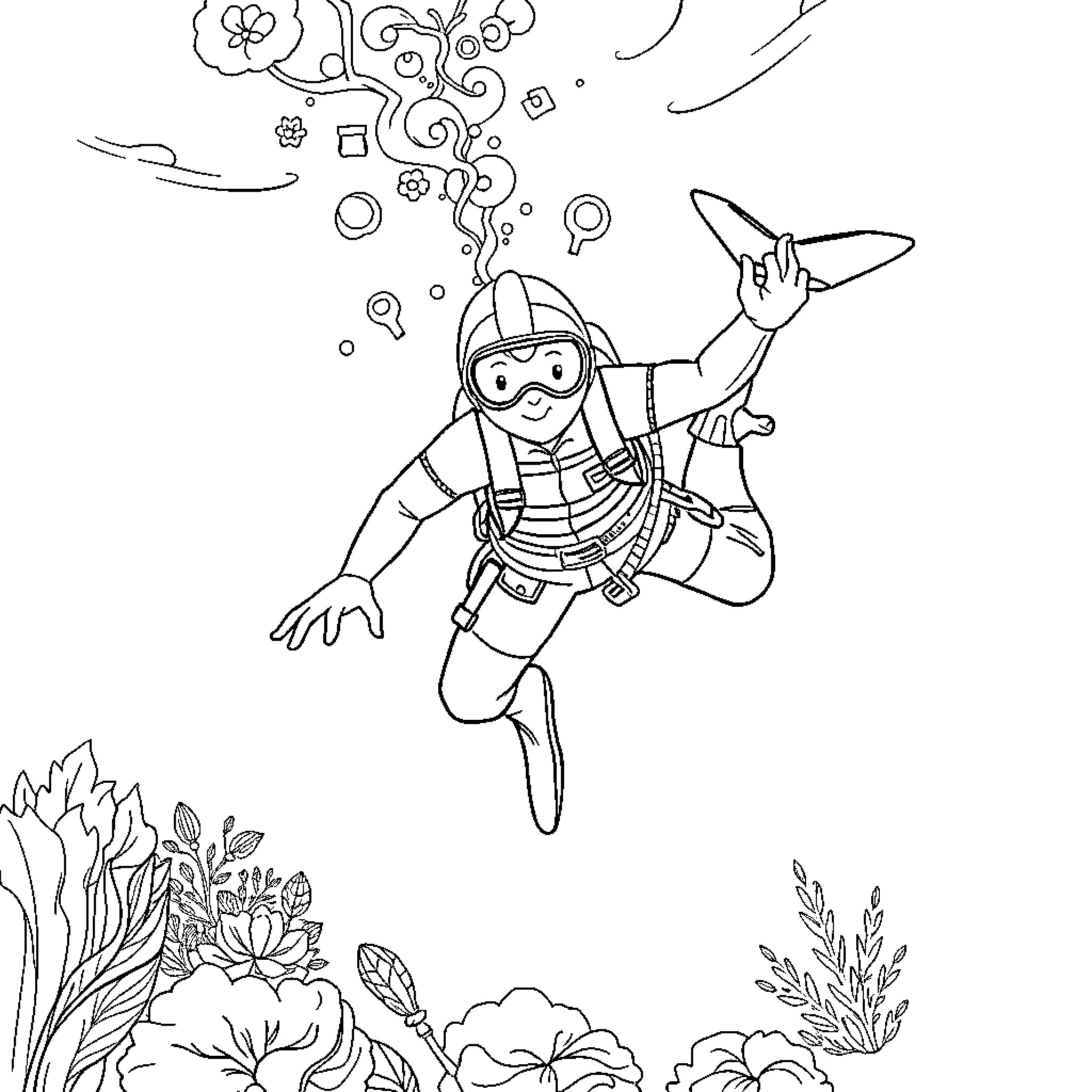 Goalkeeper performing underwater acrobatics with marine life Coloring Page (free black-and-white line drawing printable PDF for all, from beginners to advanced learners, including children, teens, adults, and seniors)