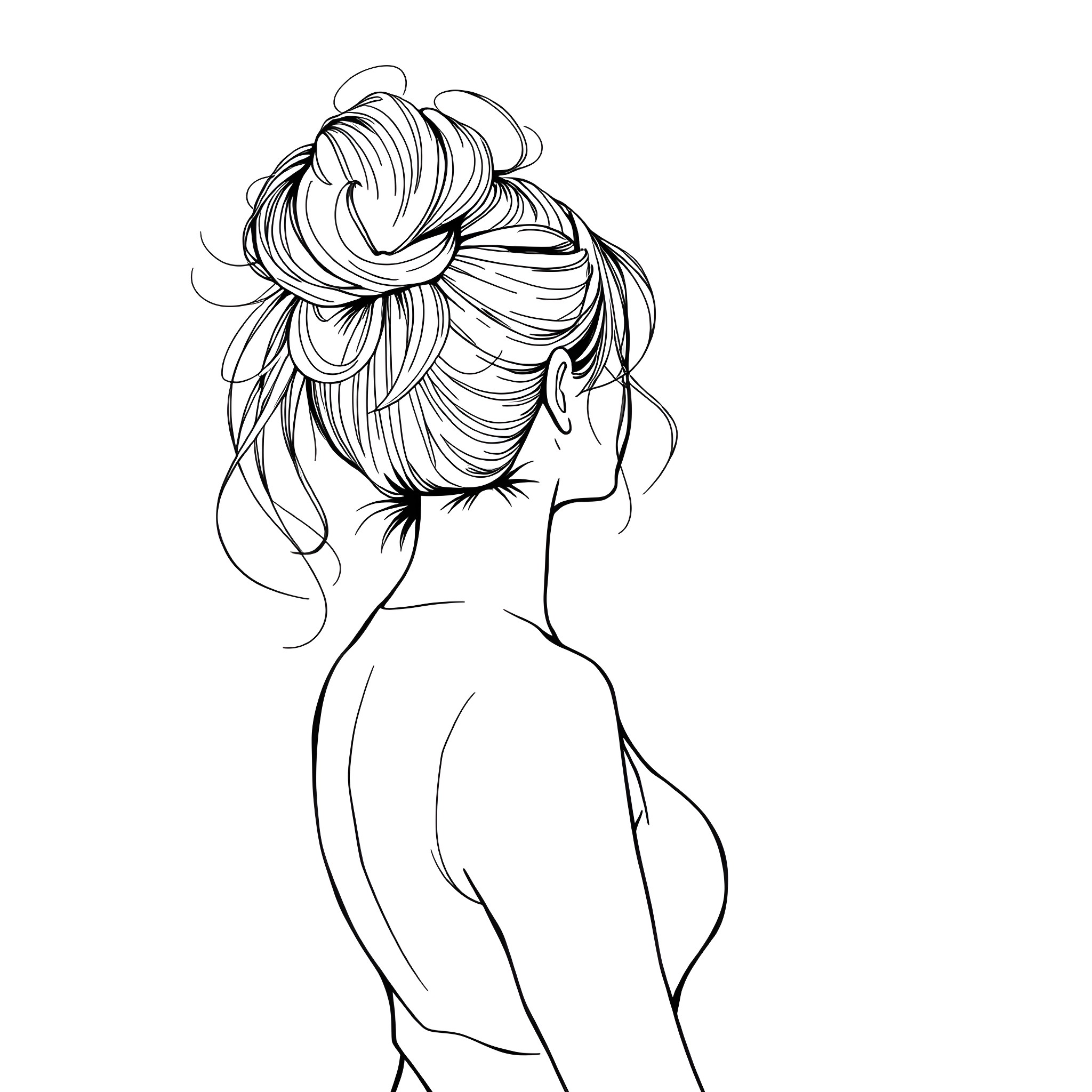 Woman with stylized hairstyle Coloring Page (free black-and-white line drawing printable PDF for all, from beginners to advanced learners, including children, teens, adults, and seniors)