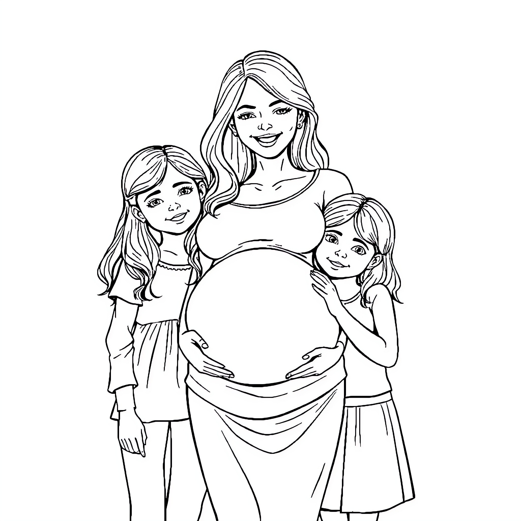 Mommy and her daughters enjoy family time Coloring Page (free black-and-white line drawing printable PDF for all, from beginners to advanced learners, including children, teens, adults, and seniors)