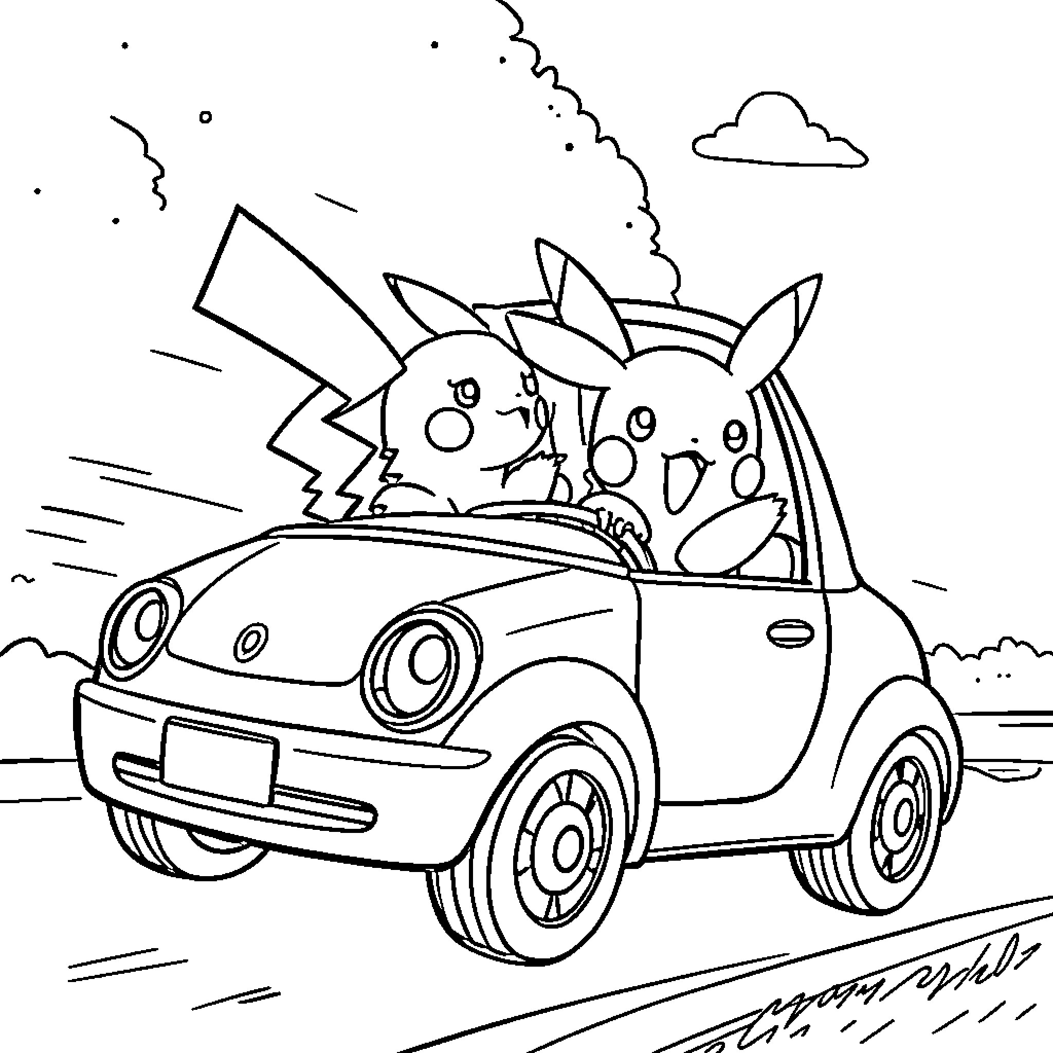 Car with Cartoon Characters on Road Coloring Page (free black-and-white line drawing printable PDF for all, from beginners to advanced learners, including children, teens, adults, and seniors)