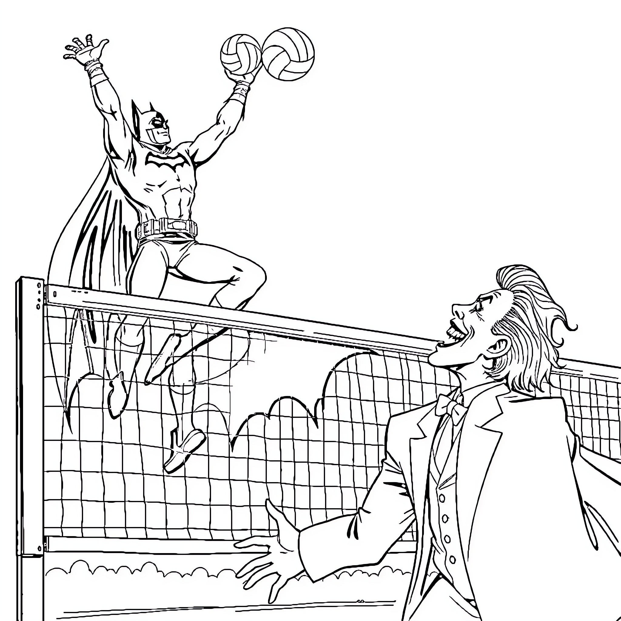 Batman Defeats Joker in Dramatic Volleyball Match Coloring Page (free black-and-white line drawing printable PDF for all, from beginners to advanced learners, including children, teens, adults, and seniors)