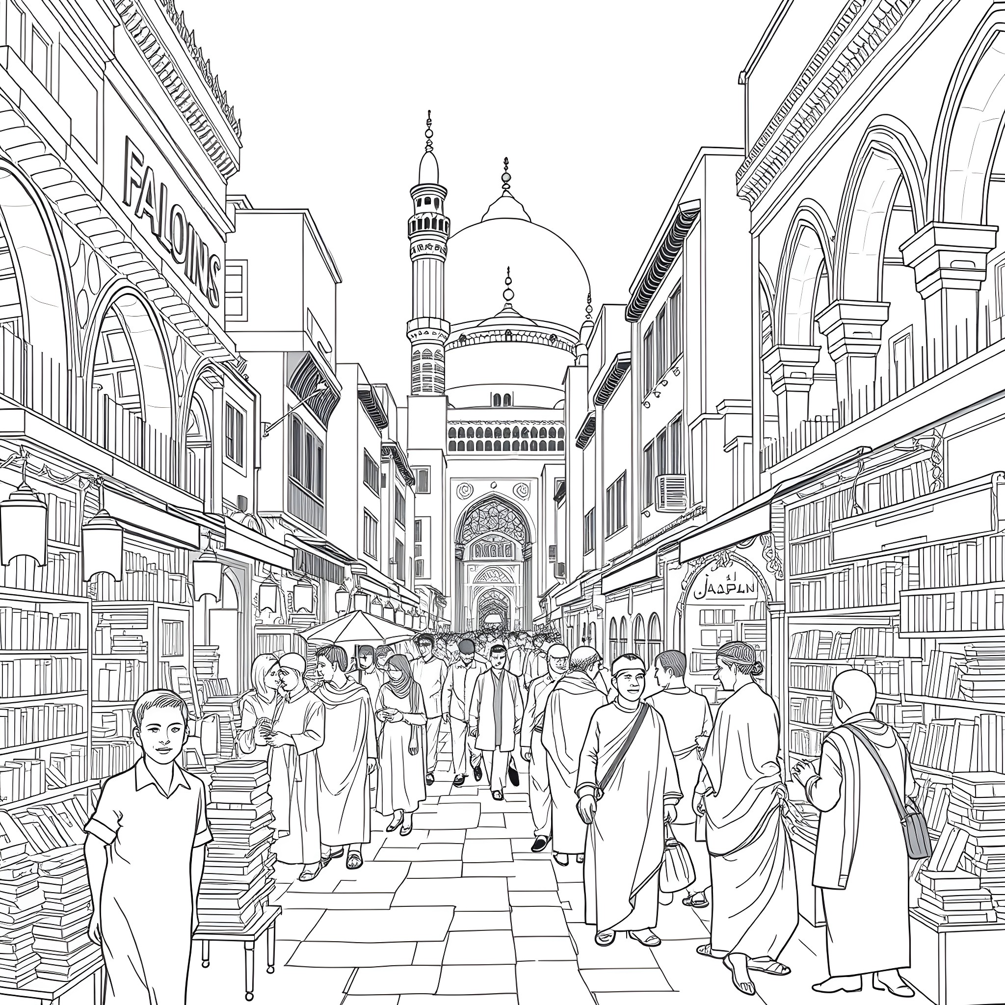Ancient Life in a Bustling Middle Eastern Marketplace Coloring Page (free black-and-white line drawing printable PDF for all, from beginners to advanced learners, including children, teens, adults, and seniors)