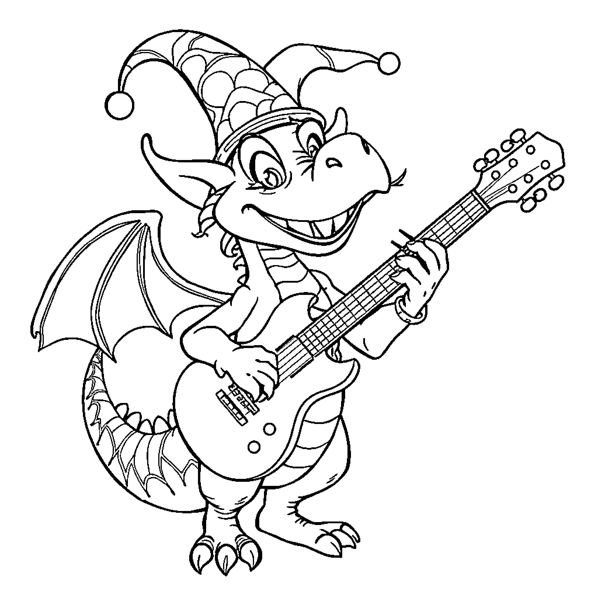 Dragon Musician Playing Guitar with Enthusiasm Coloring Page (free black-and-white line drawing printable PDF for all, from beginners to advanced learners, including children, teens, adults, and seniors)