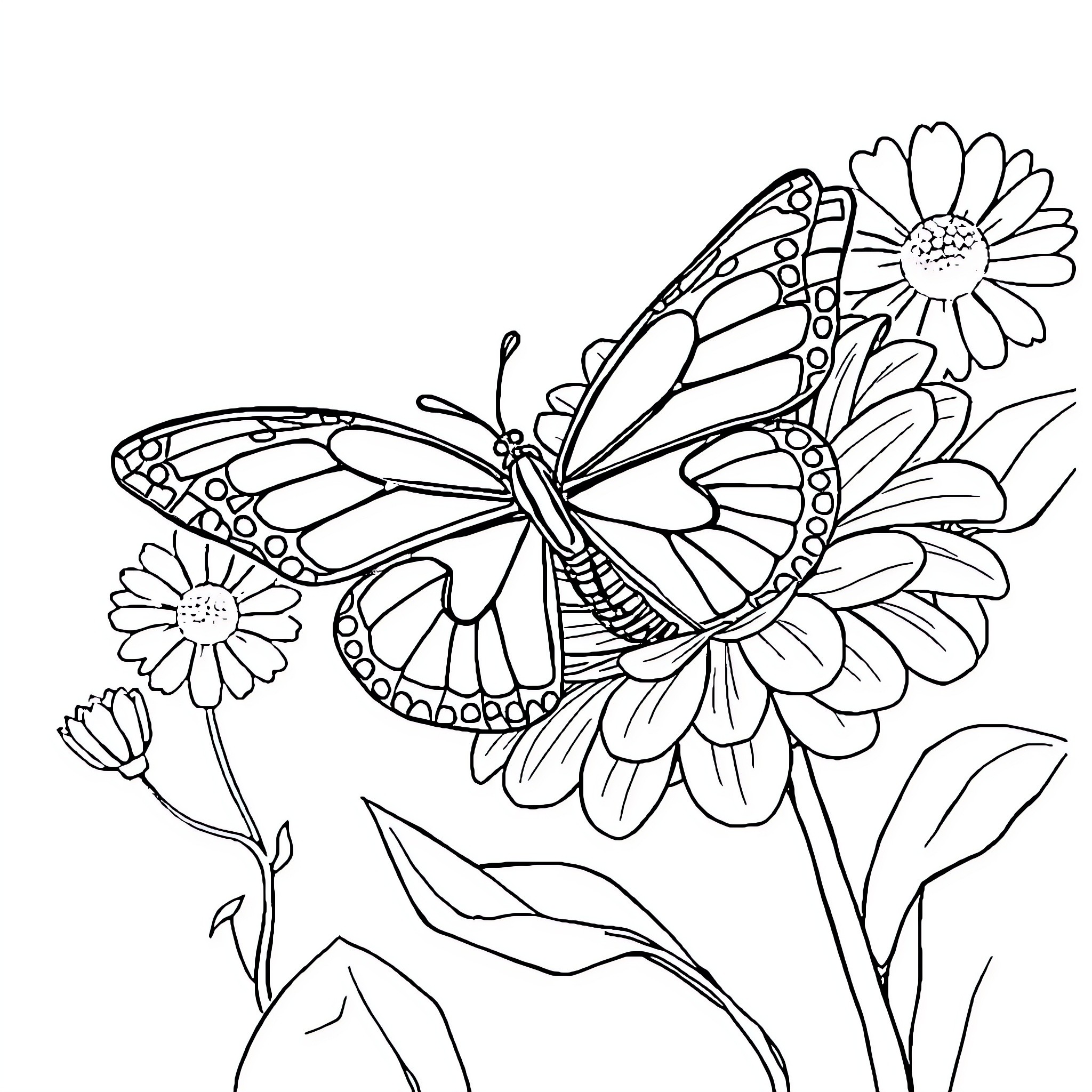 Butterfly amidst vibrant floral display Coloring Page (free black-and-white line drawing printable PDF for all, from beginners to advanced learners, including children, teens, adults, and seniors)
