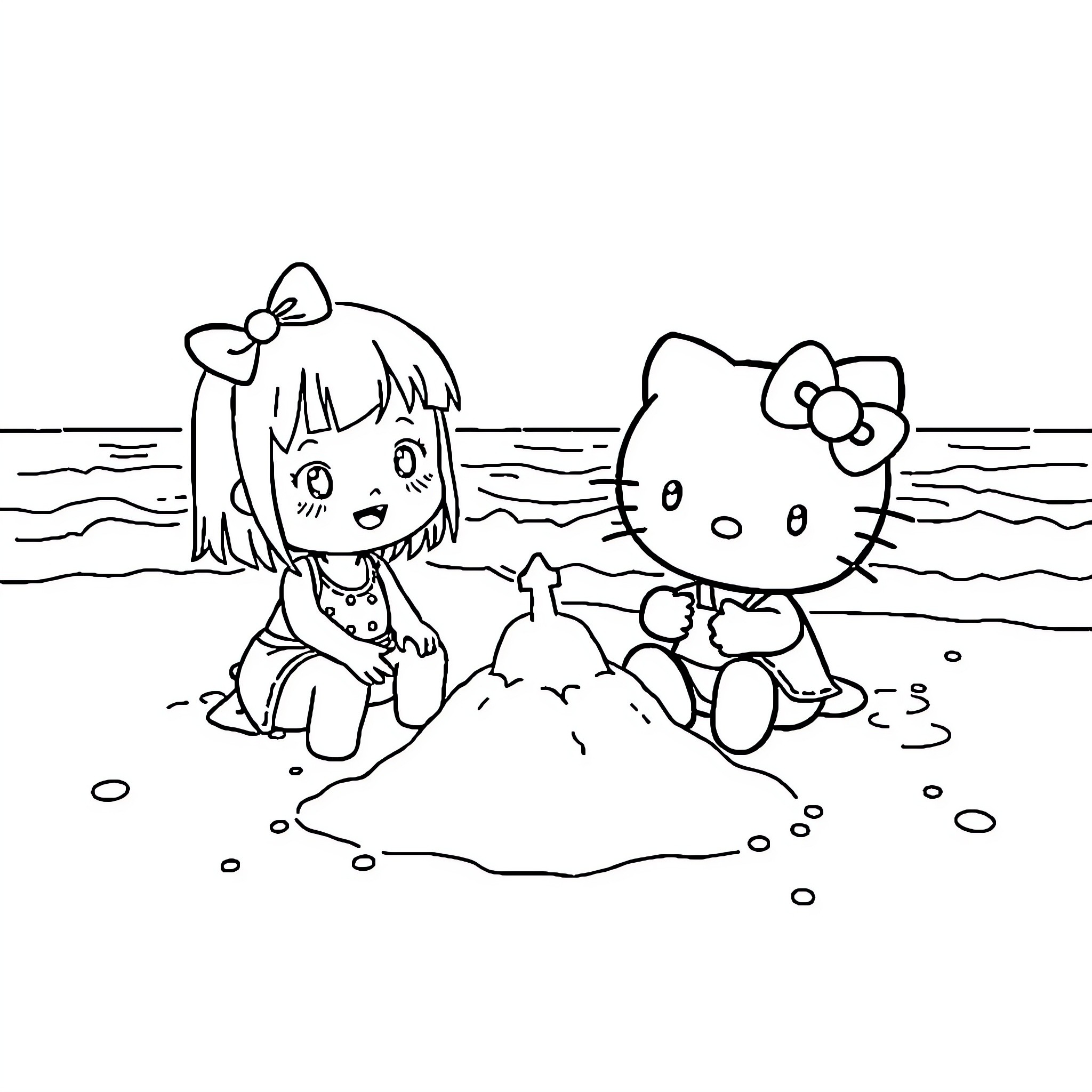Kuromi and Hello Kitty playing on the beach Coloring Page (free black-and-white line drawing printable PDF for all, from beginners to advanced learners, including children, teens, adults, and seniors)