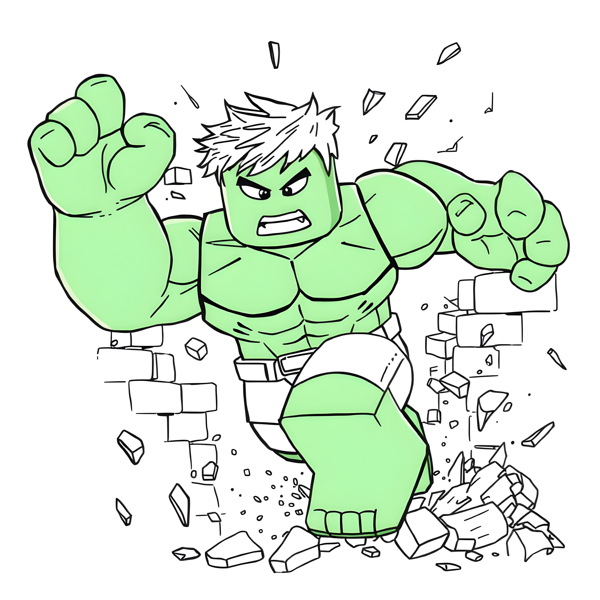 Hulk bursting through rubble with intense expression Coloring Page (free black-and-white line drawing printable PDF for all, from beginners to advanced learners, including children, teens, adults, and seniors)