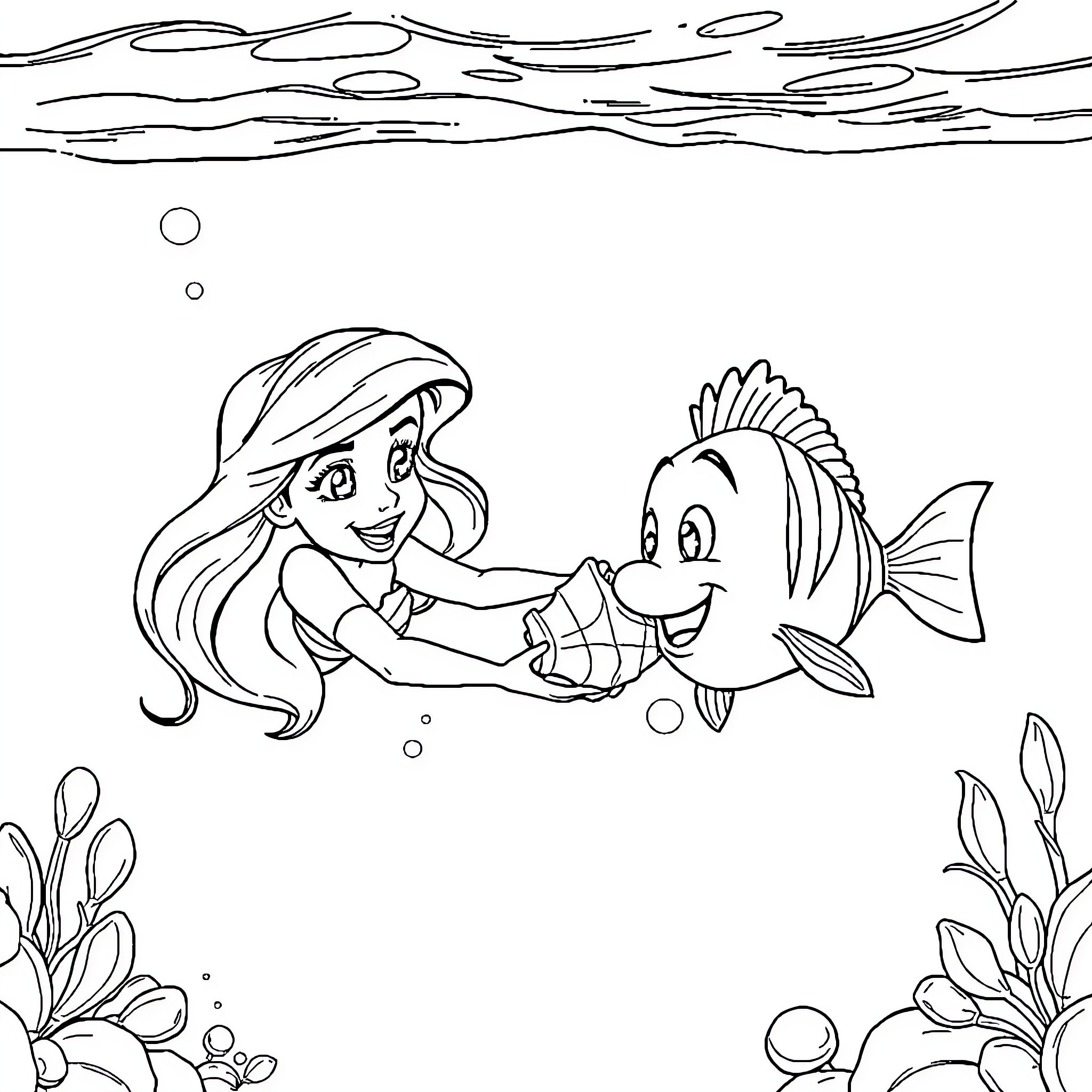 Ariel interacting with friendly underwater creature Coloring Page (free black-and-white line drawing printable PDF for all, from beginners to advanced learners, including children, teens, adults, and seniors)