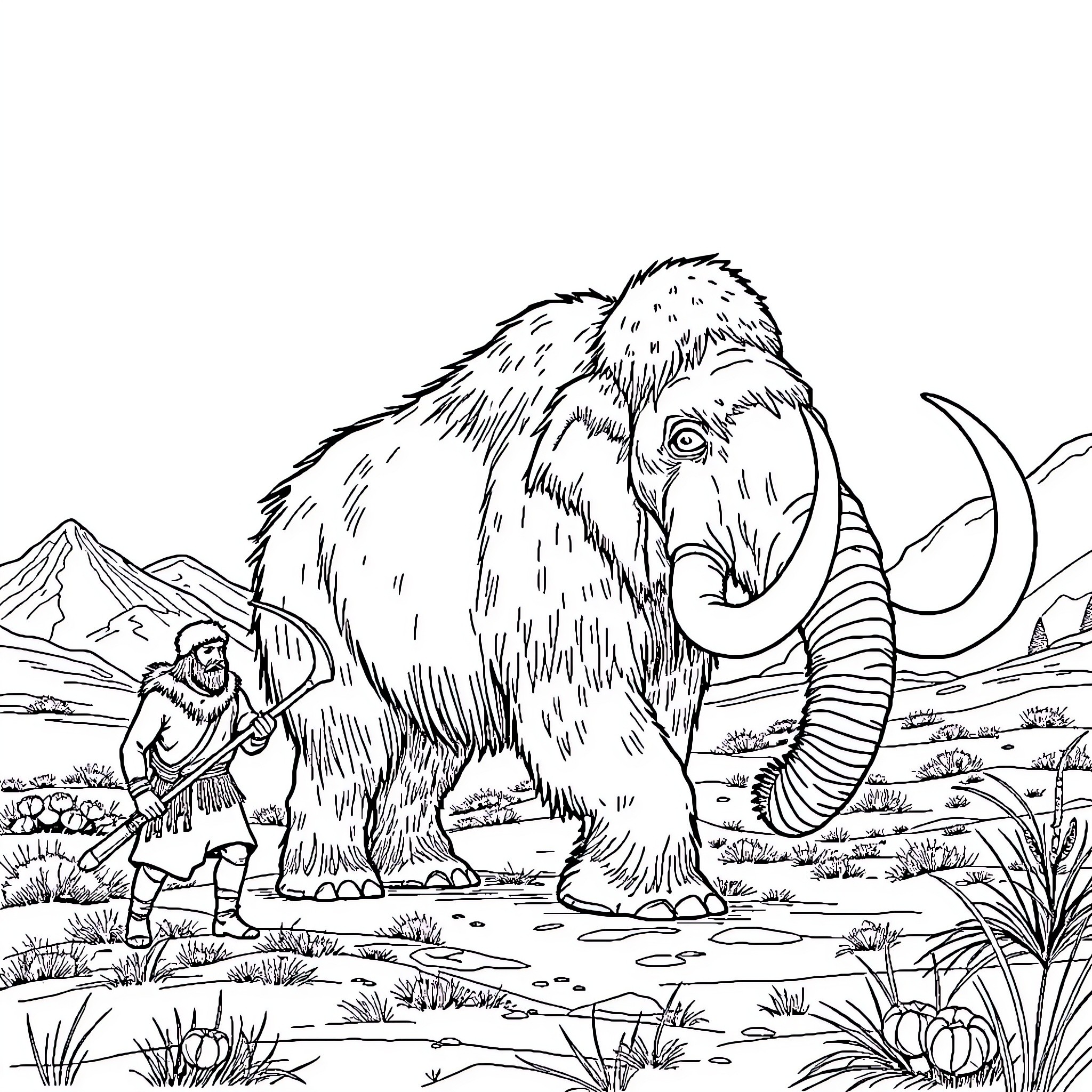 Mammoth and prehistoric human in the wilderness Coloring Page (free black-and-white line drawing printable PDF for all, from beginners to advanced learners, including children, teens, adults, and seniors)