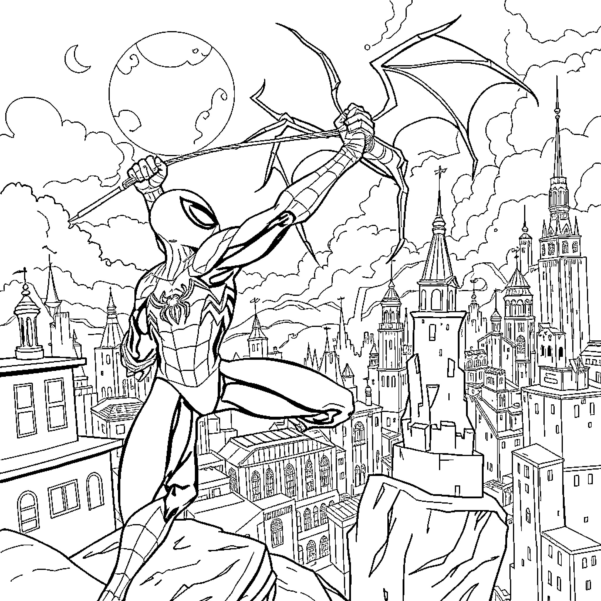 Homem-Aranha swinging over the city at night Coloring Page (free black-and-white line drawing printable PDF for all, from beginners to advanced learners, including children, teens, adults, and seniors)