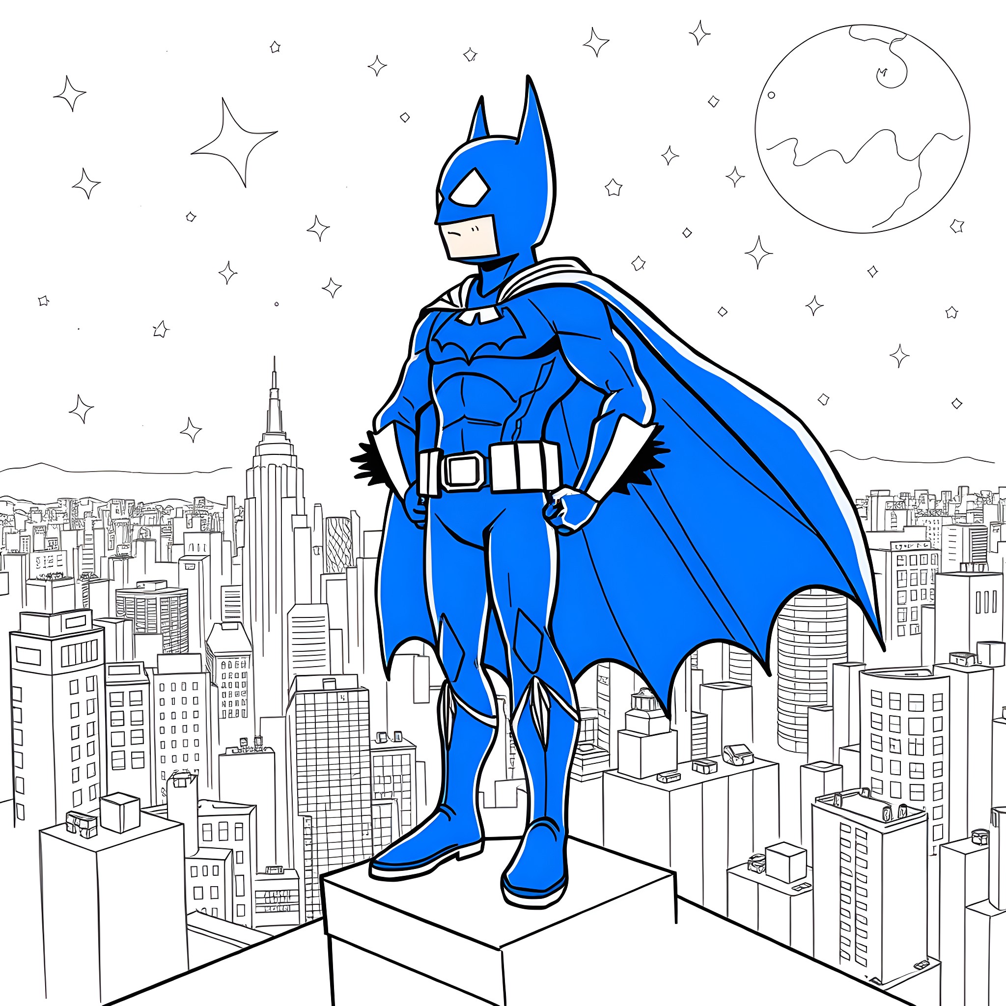 Bluey the heroic superhero overlooking the city Coloring Page (free black-and-white line drawing printable PDF for all, from beginners to advanced learners, including children, teens, adults, and seniors)