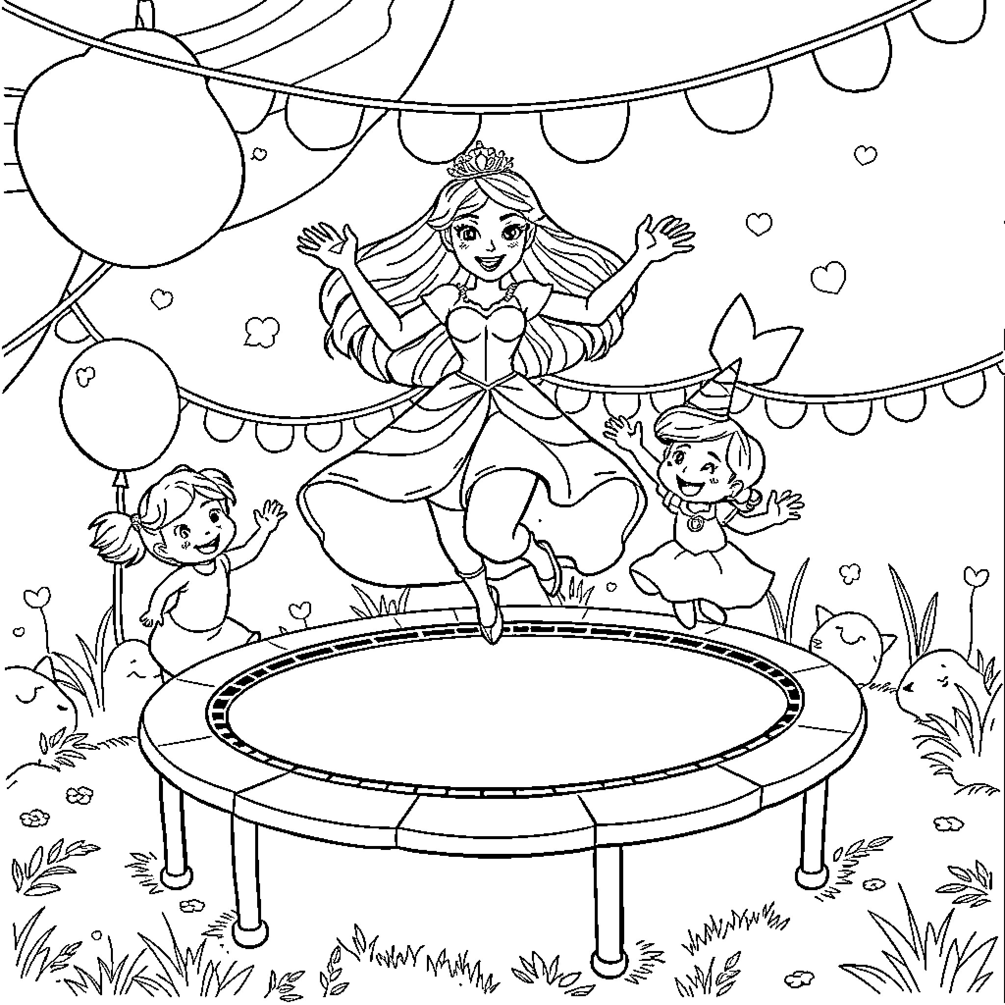 Princess Joyfully Leaping on Trampoline with Friends Coloring Page (free black-and-white line drawing printable PDF for all, from beginners to advanced learners, including children, teens, adults, and seniors)