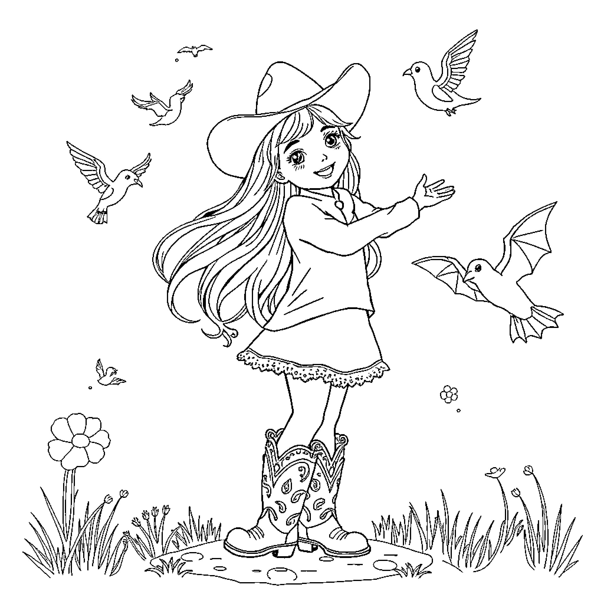 Girl in cowgirl outfit surrounded by birds Coloring Page (free black-and-white line drawing printable PDF for all, from beginners to advanced learners, including children, teens, adults, and seniors)