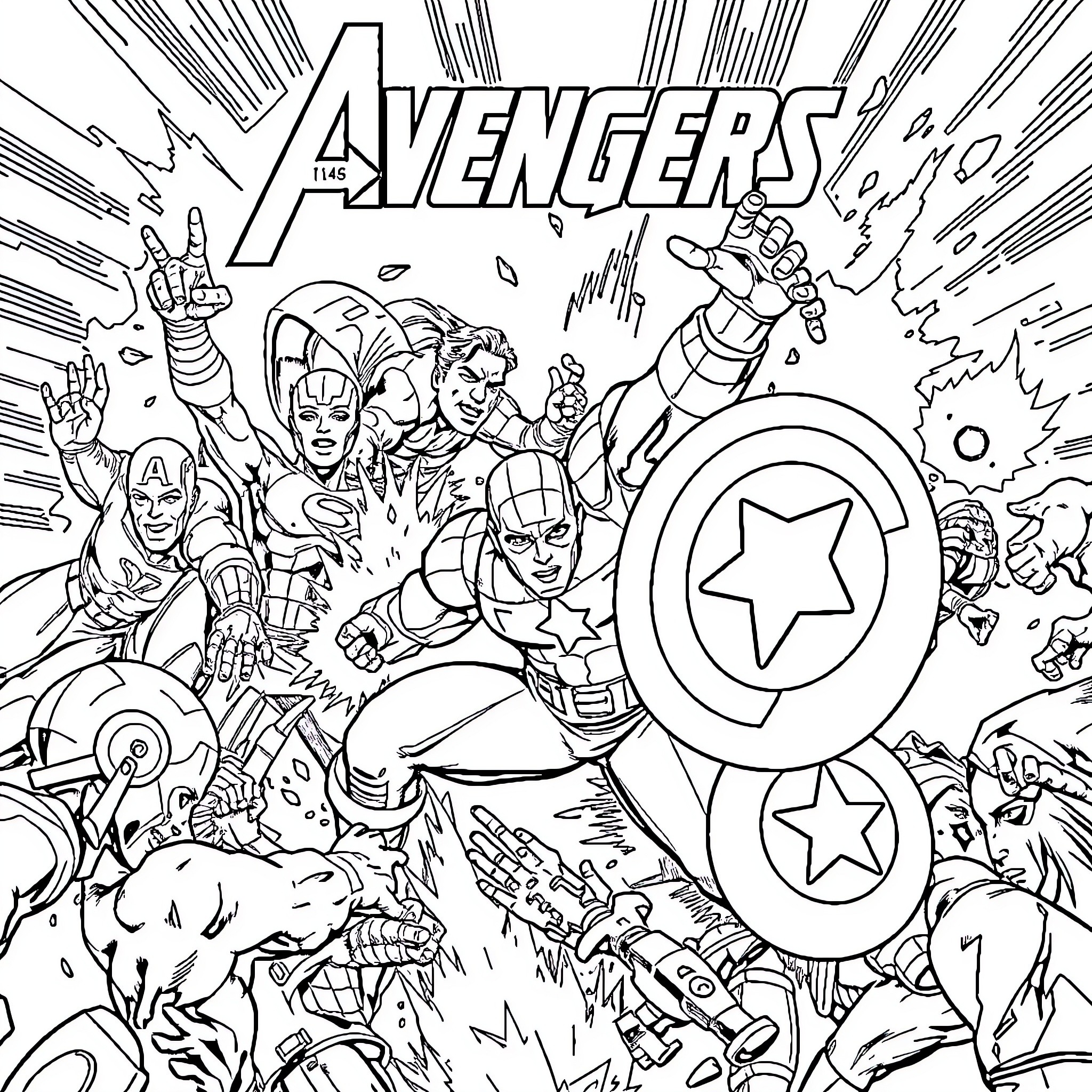 Avengers Assemble for Action-Packed Adventure Coloring Page (free black-and-white line drawing printable PDF for all, from beginners to advanced learners, including children, teens, adults, and seniors)
