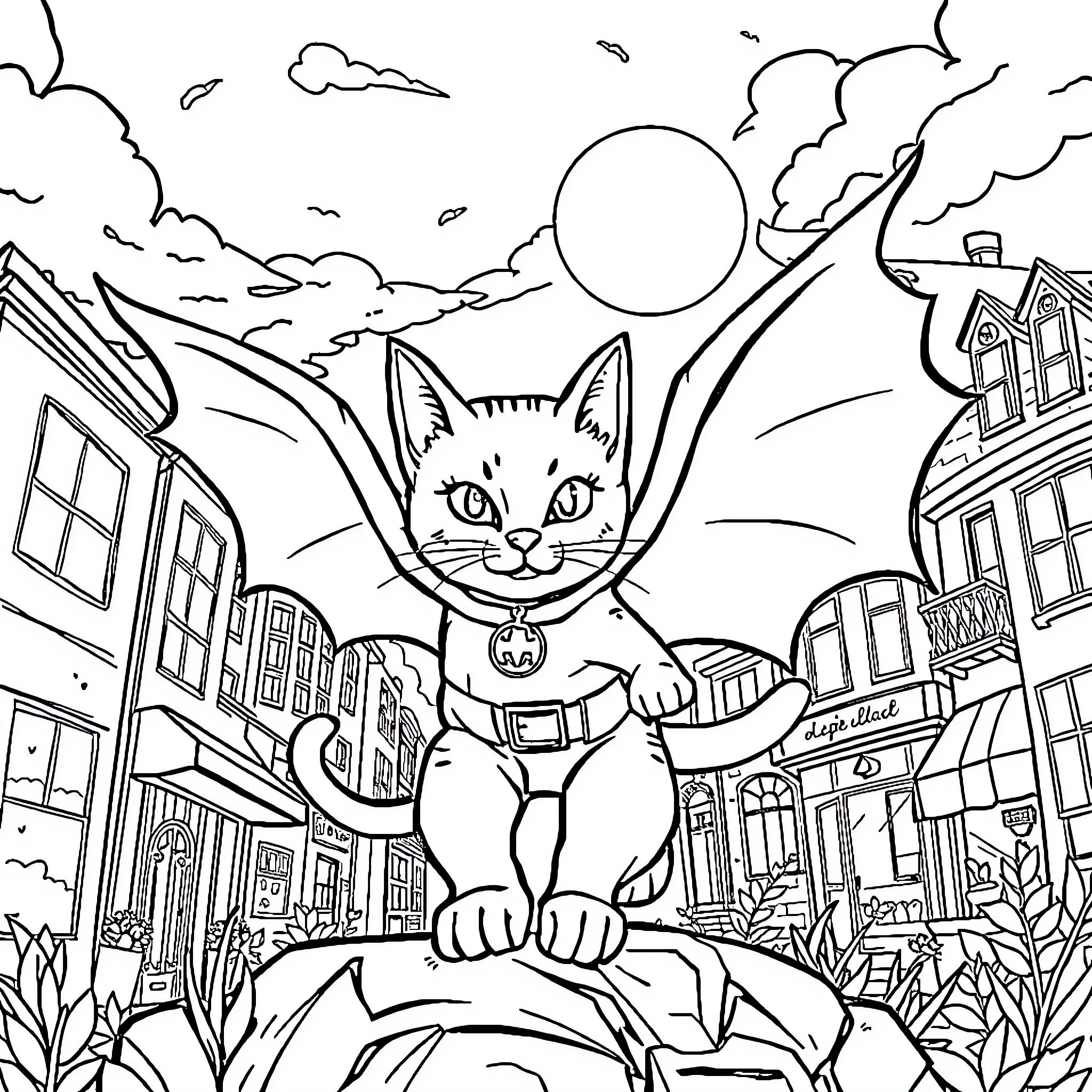 Chat with a Playful Feline in the City Coloring Page (free black-and-white line drawing printable PDF for all, from beginners to advanced learners, including children, teens, adults, and seniors)