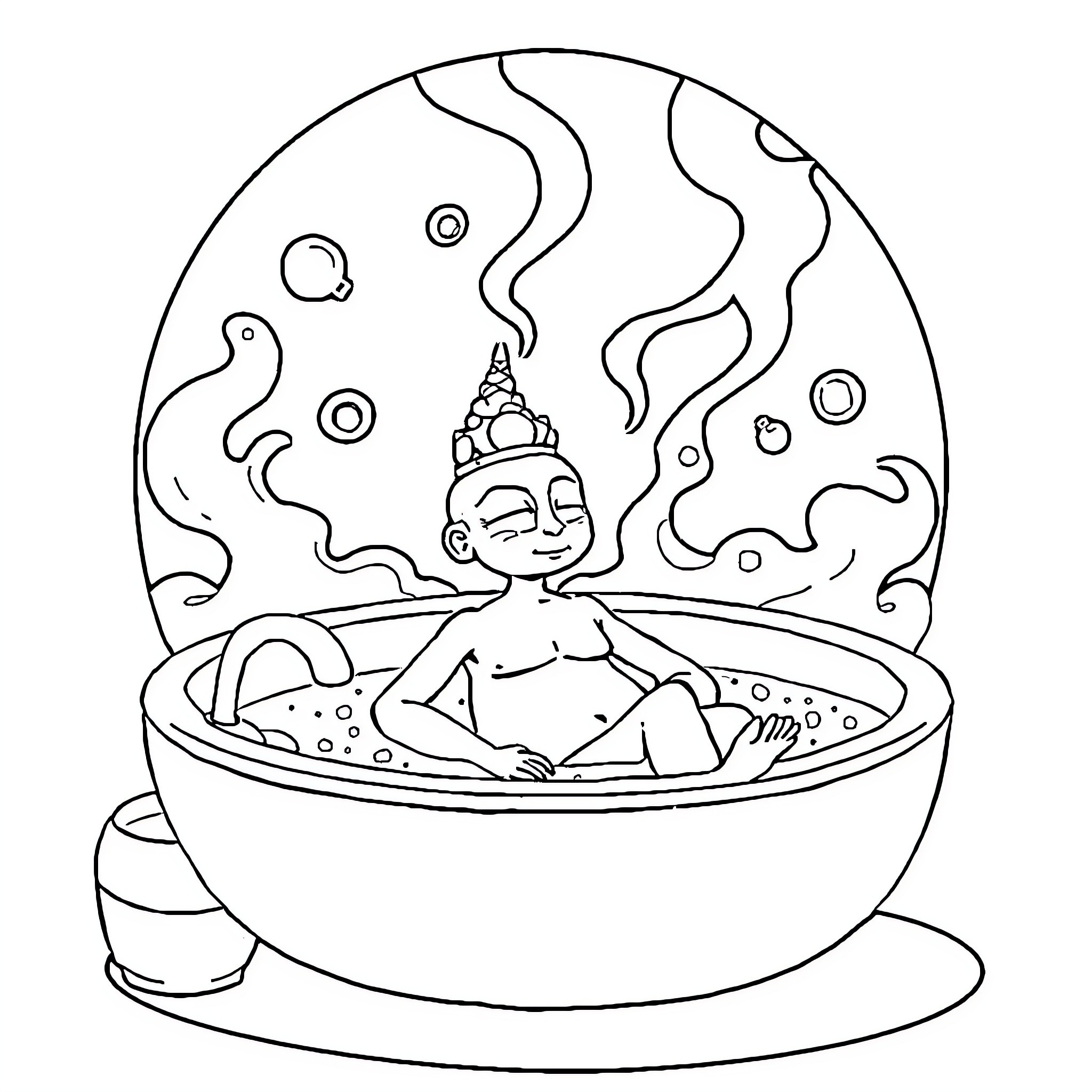 Seed Buddha meditating in a tranquil pool Coloring Page (free black-and-white line drawing printable PDF for all, from beginners to advanced learners, including children, teens, adults, and seniors)