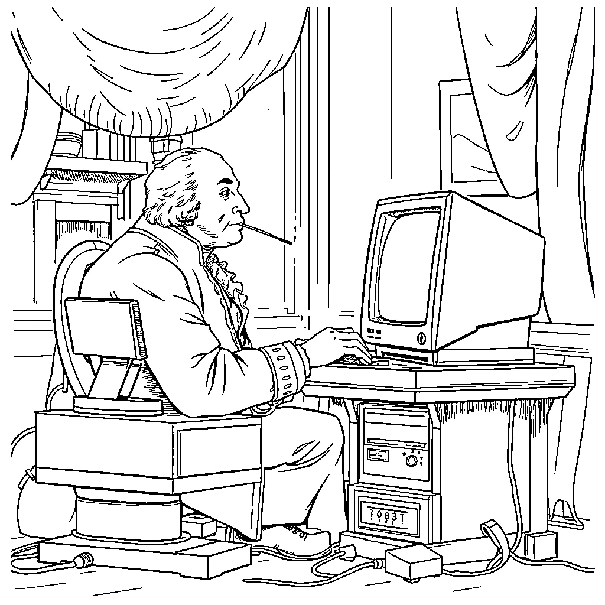 George Washington working diligently at his computer Coloring Page (free black-and-white line drawing printable PDF for all, from beginners to advanced learners, including children, teens, adults, and seniors)