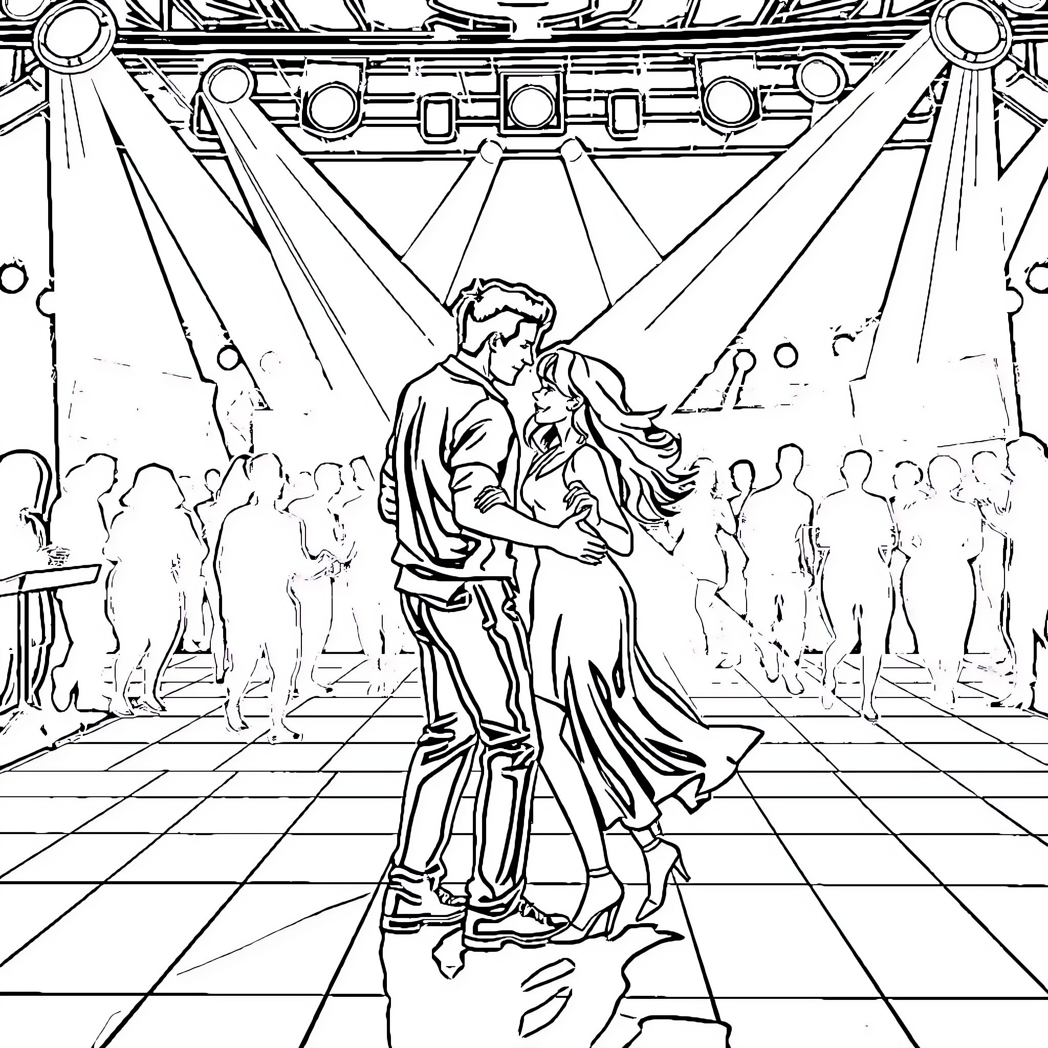 Couple dancing romantically on stage Coloring Page (free black-and-white line drawing printable PDF for all, from beginners to advanced learners, including children, teens, adults, and seniors)