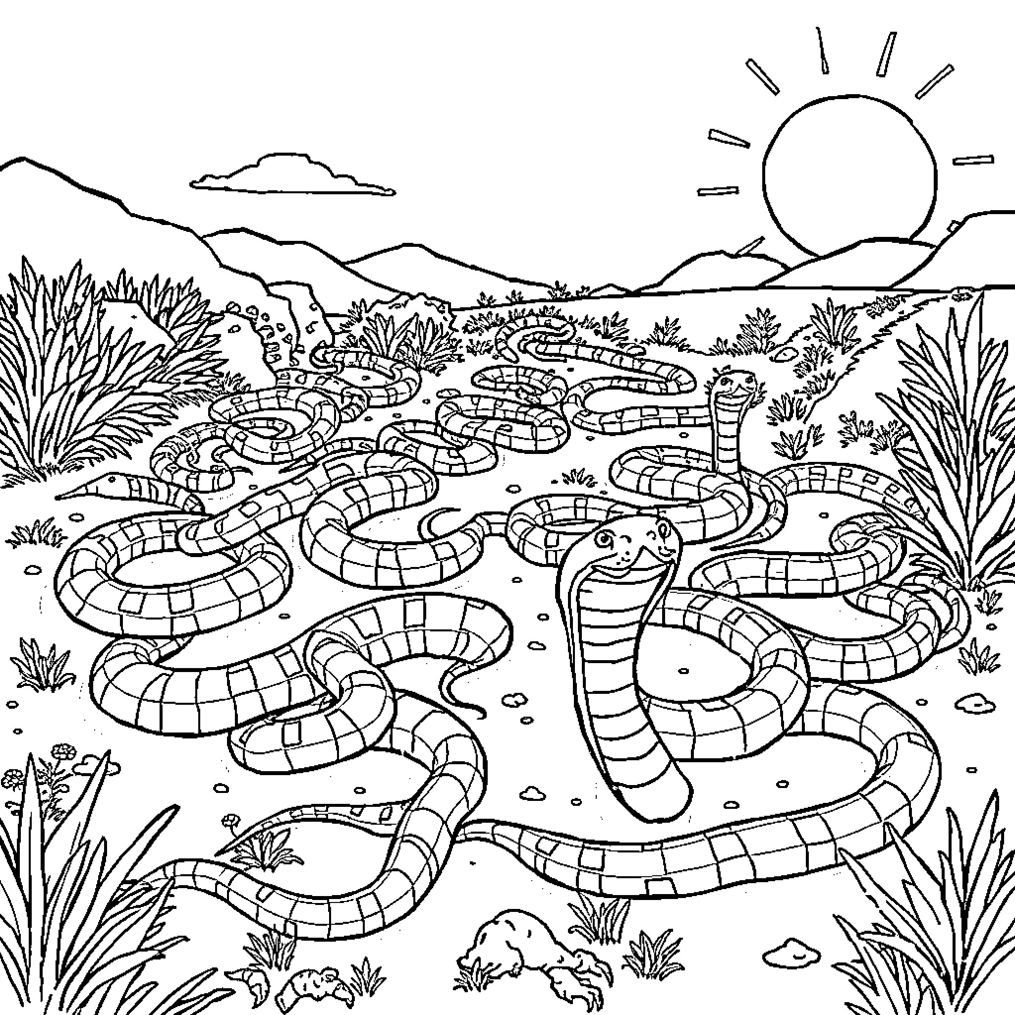 Snake-shaped path winding through a lush landscape Coloring Page (free black-and-white line drawing printable PDF for all, from beginners to advanced learners, including children, teens, adults, and seniors)