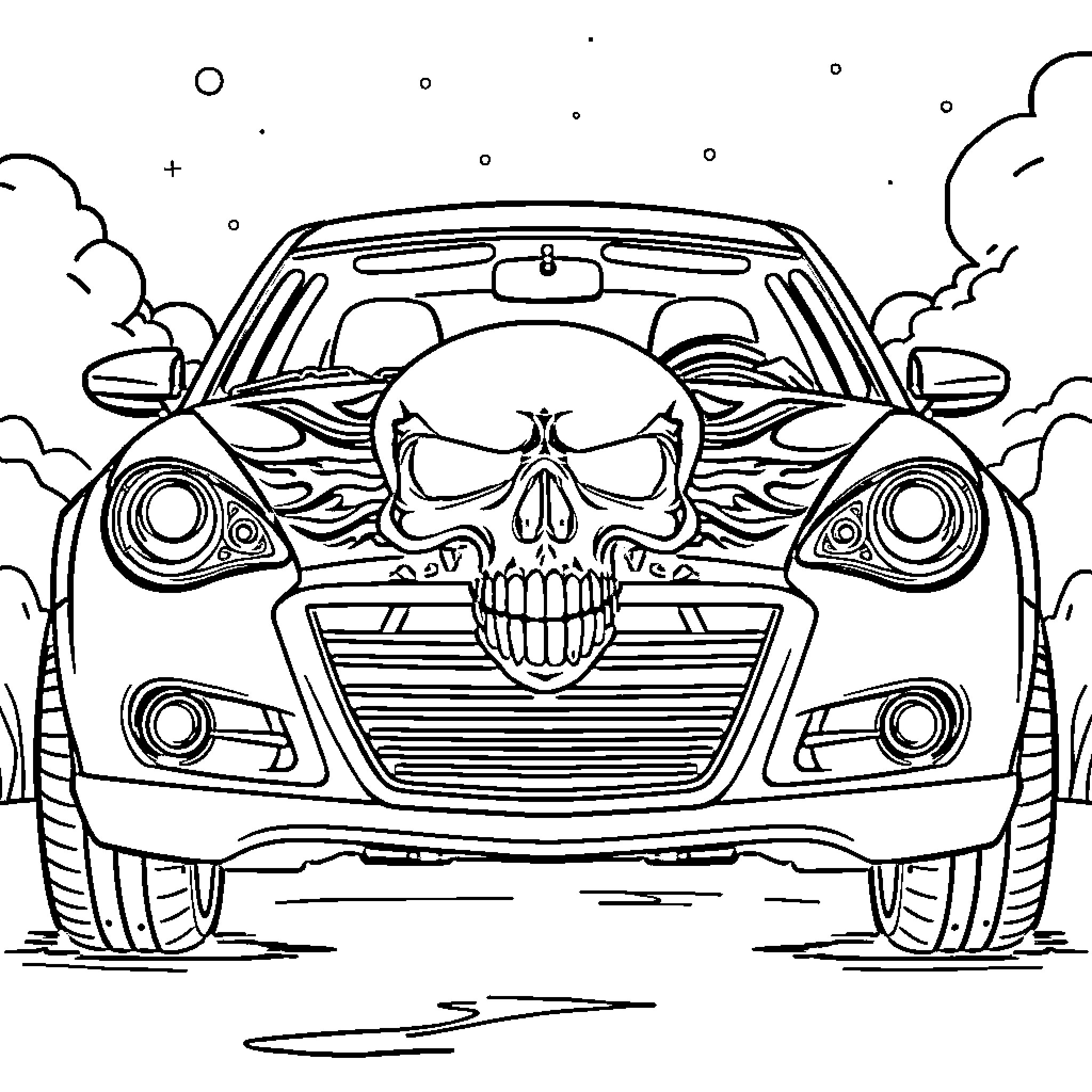 Skull Car Speeding Through Cloudy Landscape Coloring Page (free black-and-white line drawing printable PDF for all, from beginners to advanced learners, including children, teens, adults, and seniors)
