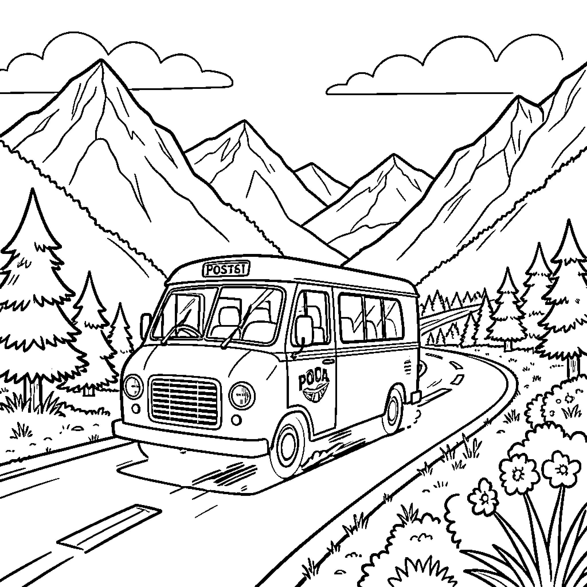 Car driving along a winding mountain road Coloring Page (free black-and-white line drawing printable PDF for all, from beginners to advanced learners, including children, teens, adults, and seniors)