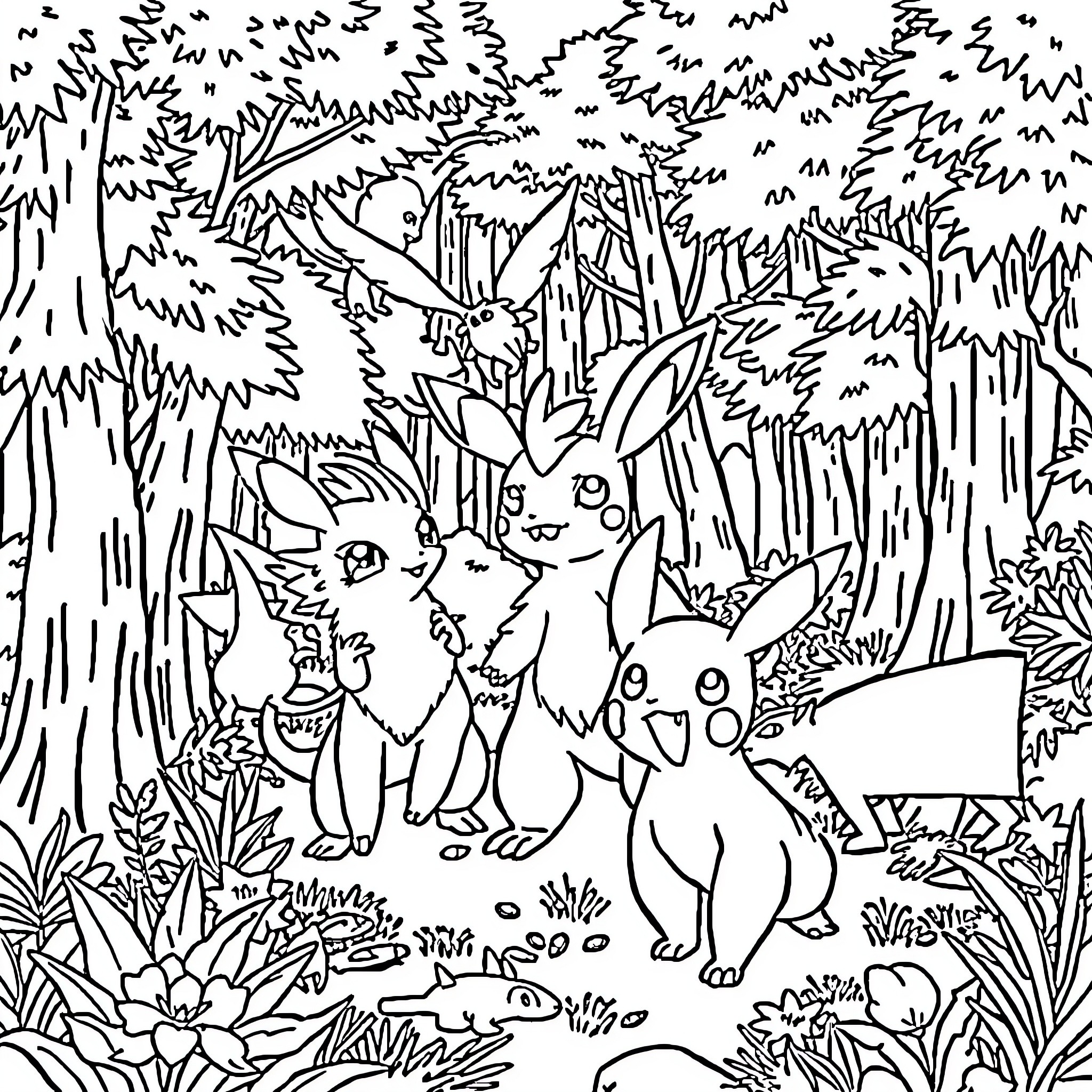 Pokémon Gathering in Enchanted Forest Coloring Page (free black-and-white line drawing printable PDF for all, from beginners to advanced learners, including children, teens, adults, and seniors)