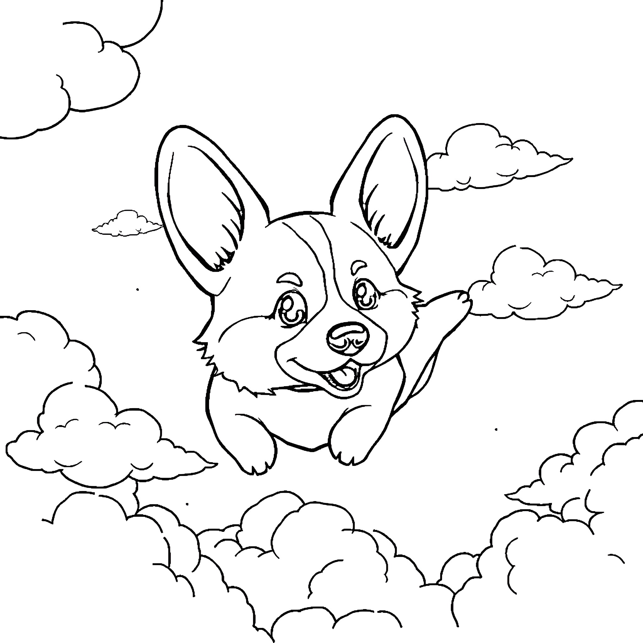 Corgi peering through the clouds Coloring Page (free black-and-white line drawing printable PDF for all, from beginners to advanced learners, including children, teens, adults, and seniors)