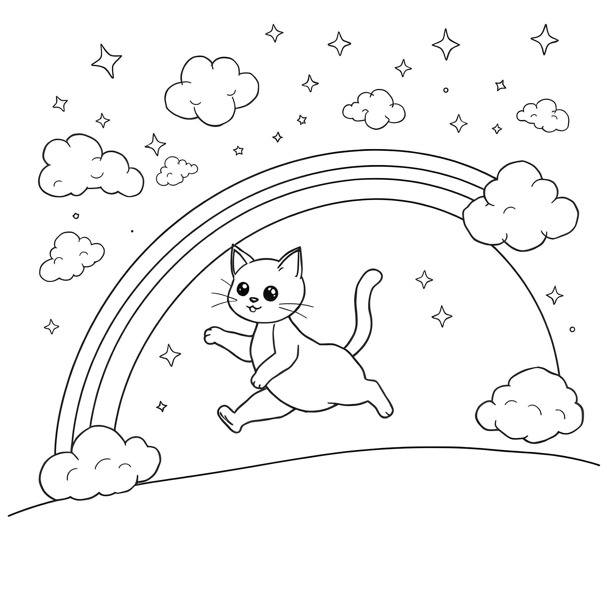Cat playing happily under the rainbow Coloring Page (free black-and-white line drawing printable PDF for all, from beginners to advanced learners, including children, teens, adults, and seniors)
