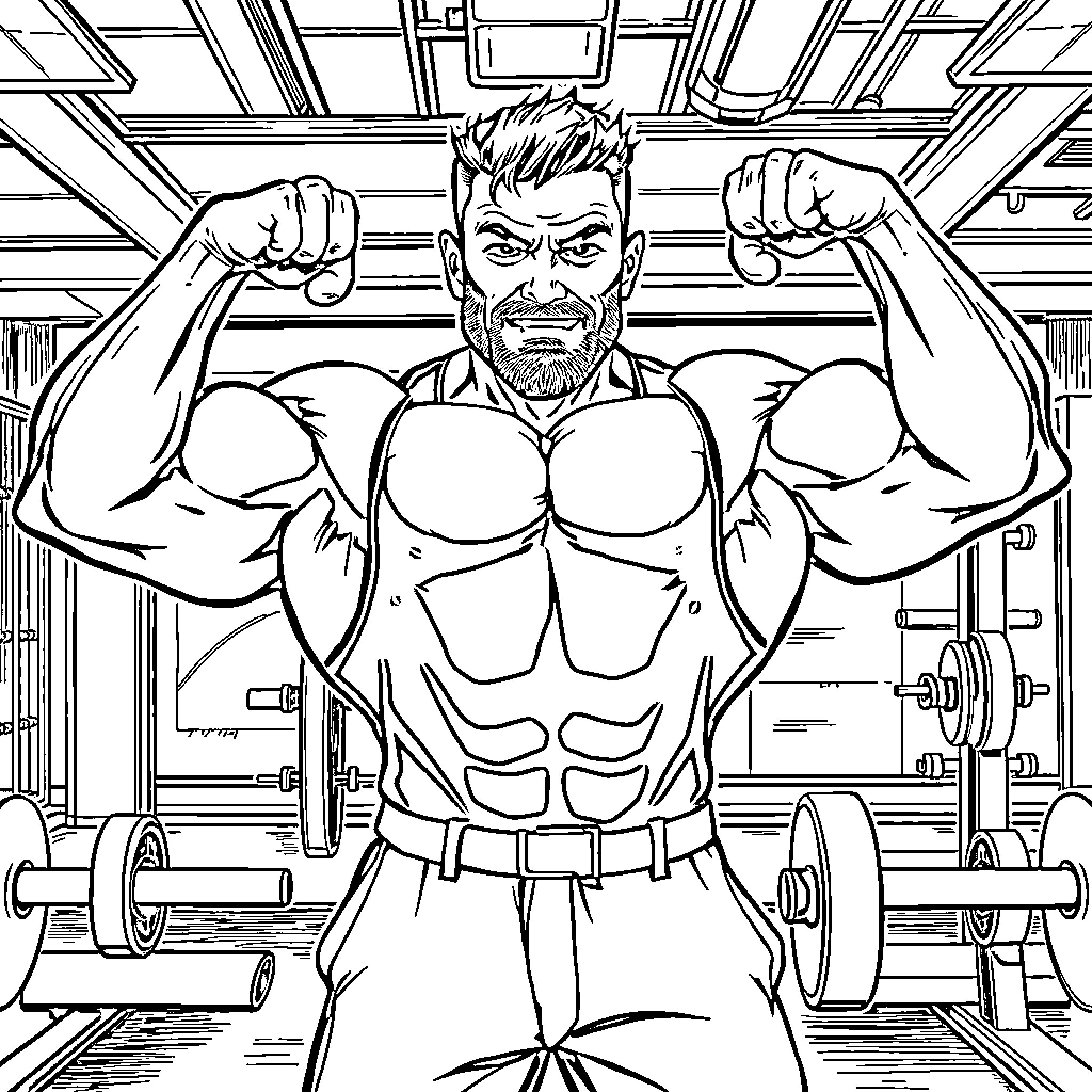 Bodybuilder displaying muscular physique in gym Coloring Page (free black-and-white line drawing printable PDF for all, from beginners to advanced learners, including children, teens, adults, and seniors)