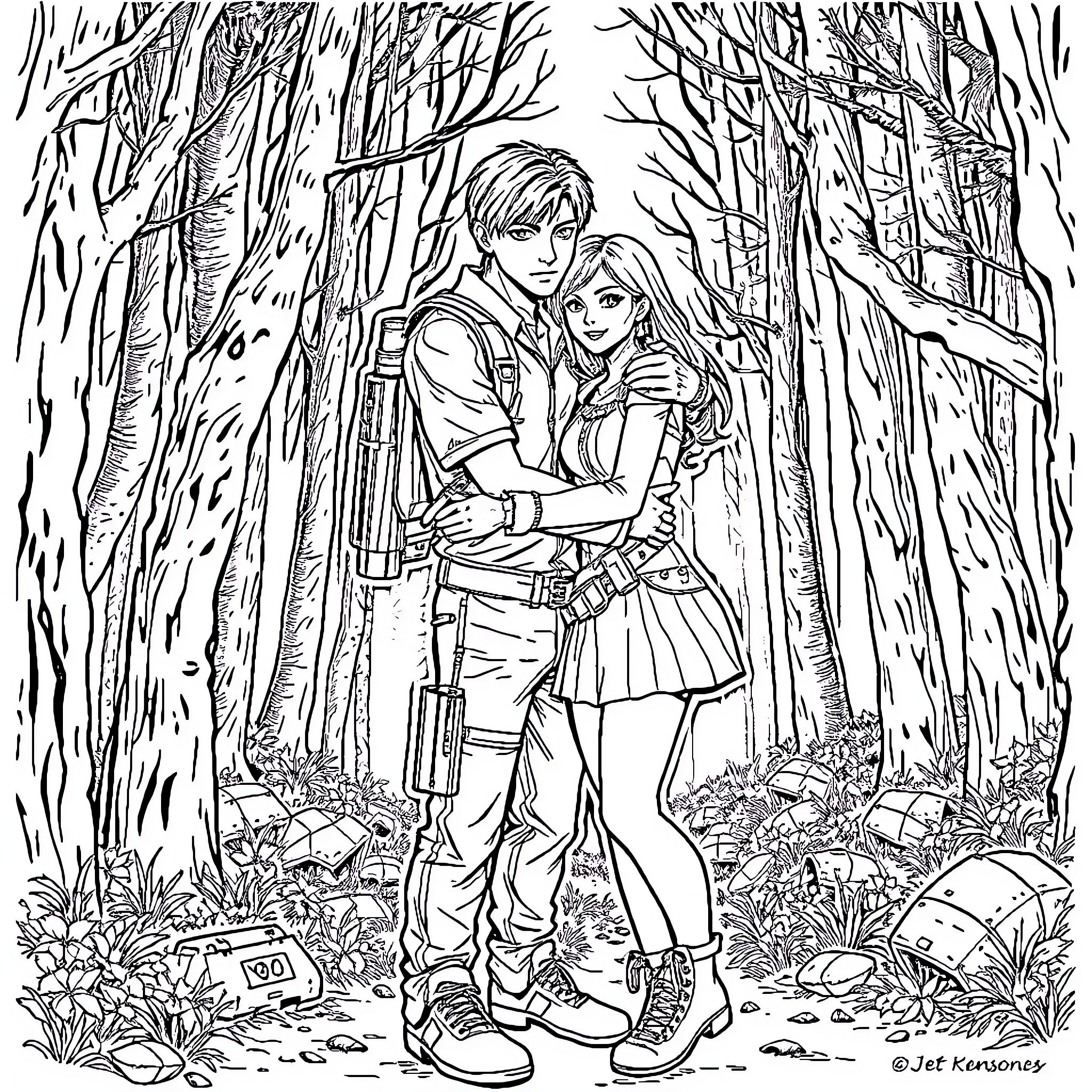 Leon and companion embrace in forest Coloring Page (free black-and-white line drawing printable PDF for all, from beginners to advanced learners, including children, teens, adults, and seniors)