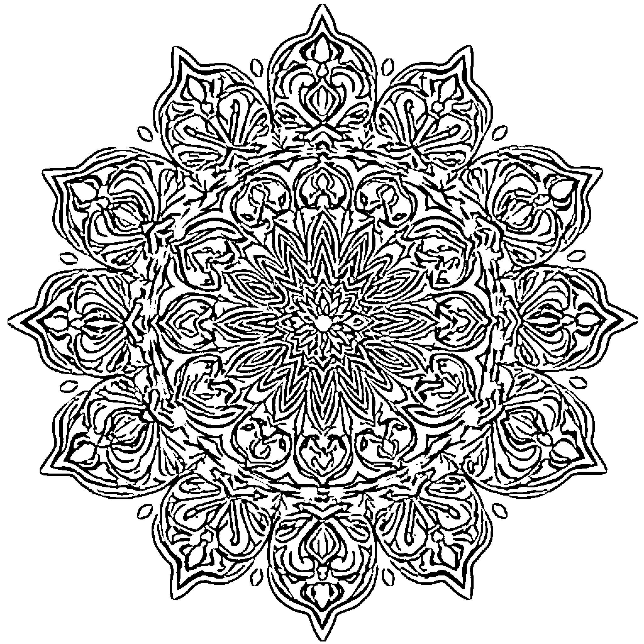 Mandala of intricate floral patterns Coloring Page (free black-and-white line drawing printable PDF for all, from beginners to advanced learners, including children, teens, adults, and seniors)